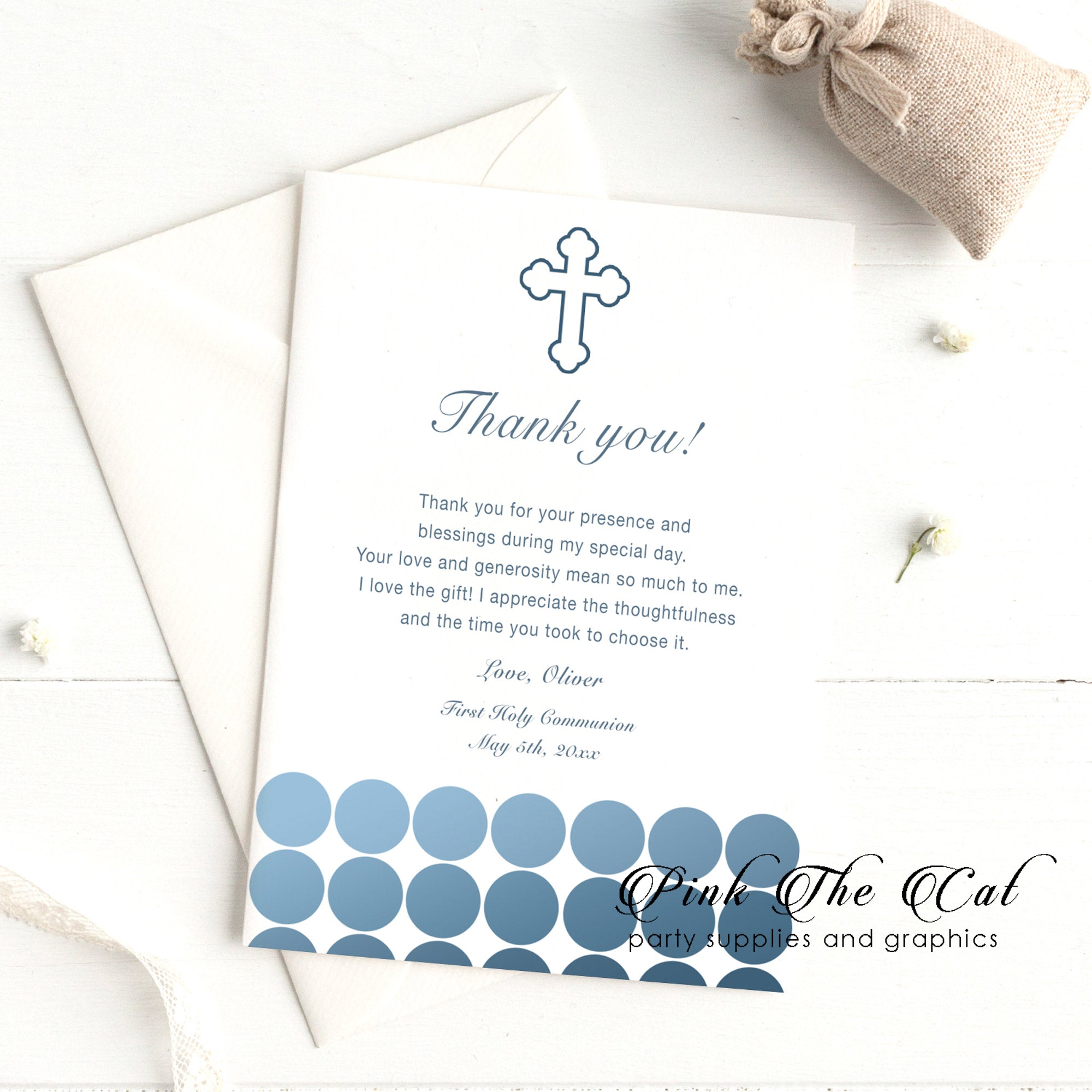 Communion thank you card blue dots printable