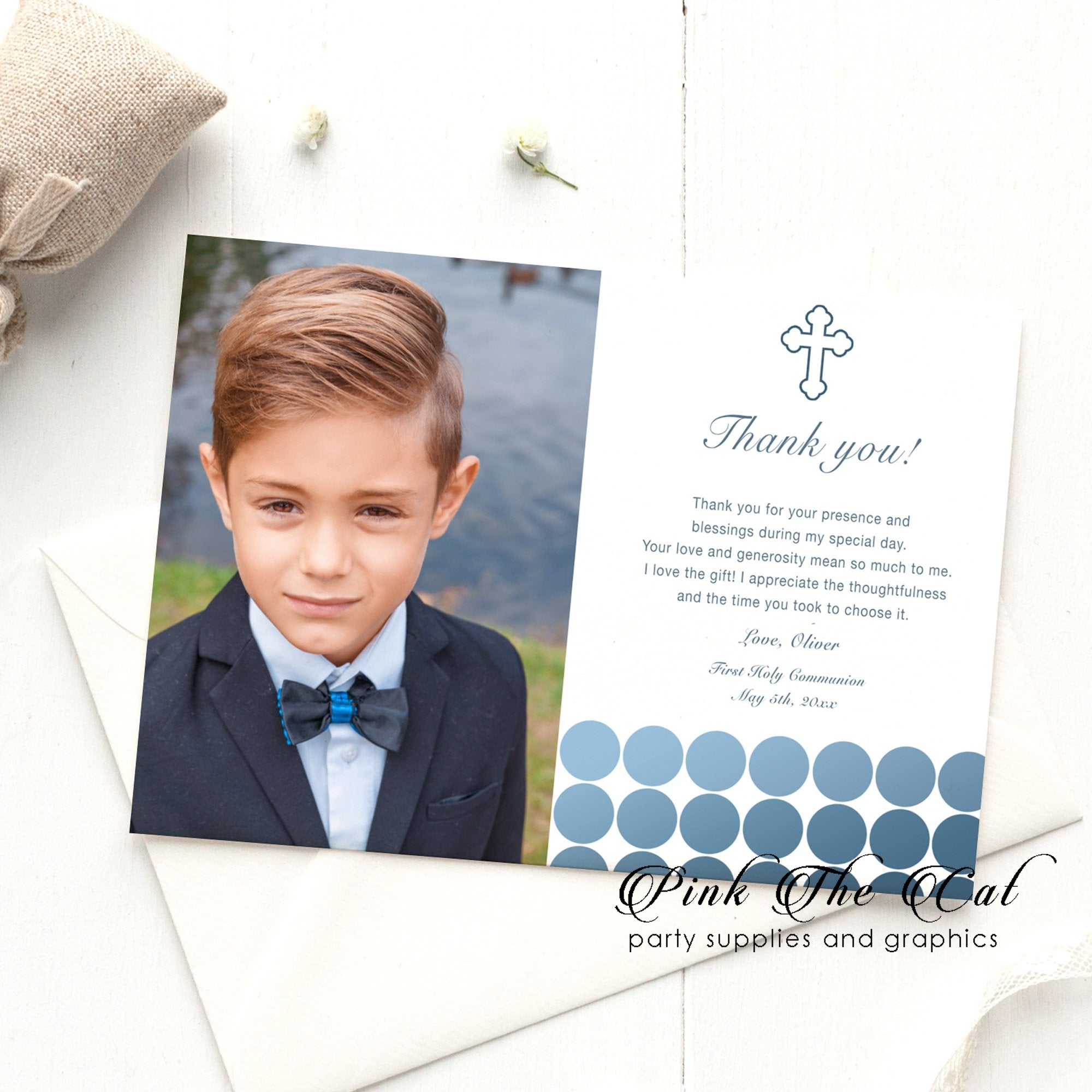 30 Communion thank you card blue dots