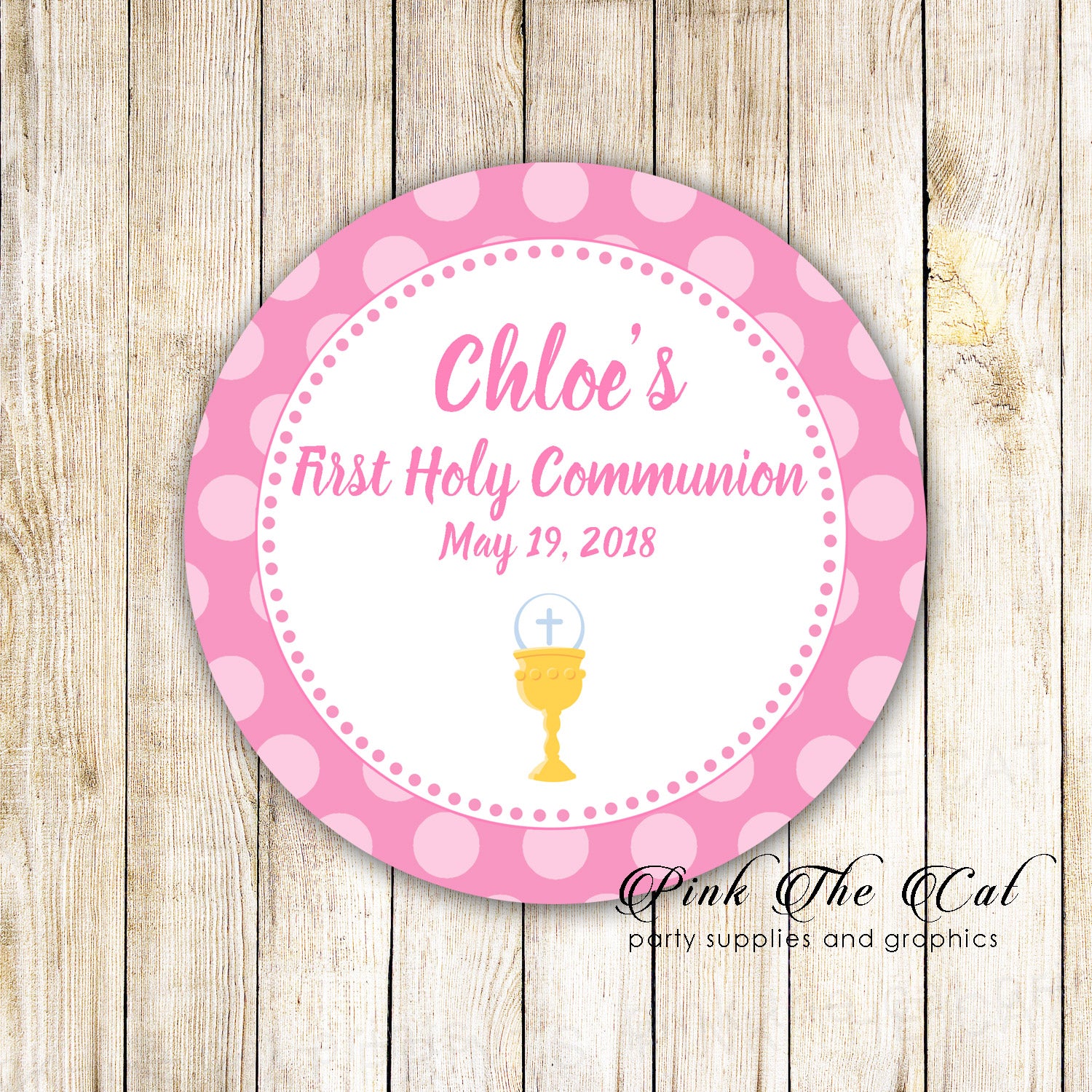 Girl first holy communion favor label tag pink chalice printable