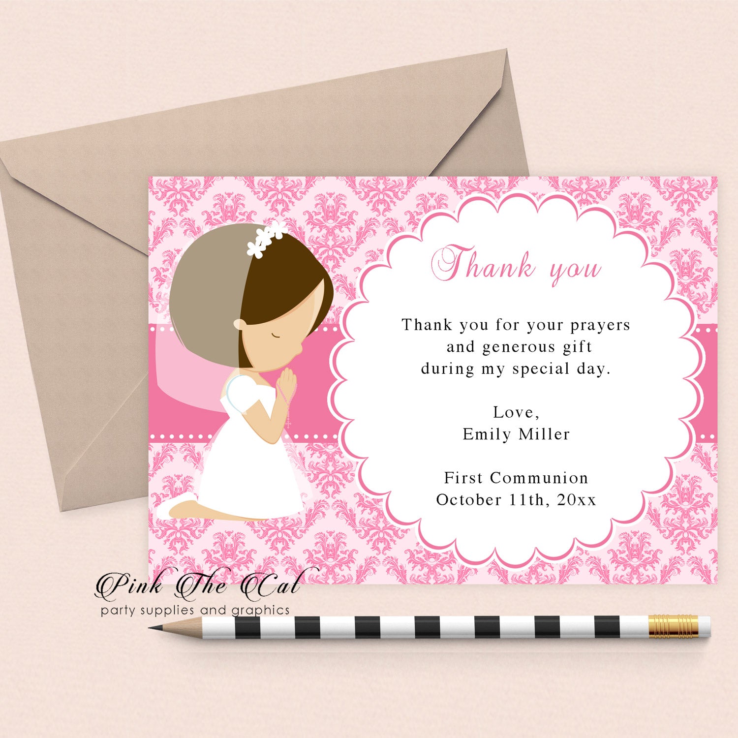 Religious thank you card girl praying pink