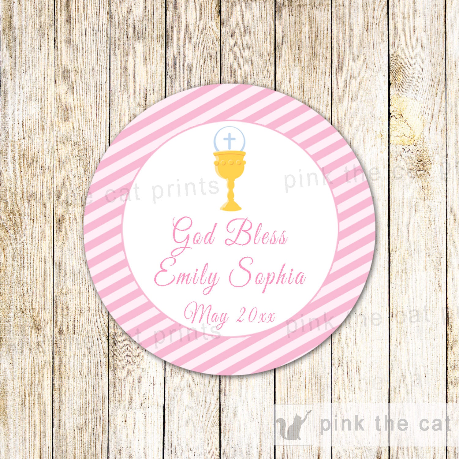 First Holy 1st Communion Favor Label Sticker Gift Tag Pink Chalice