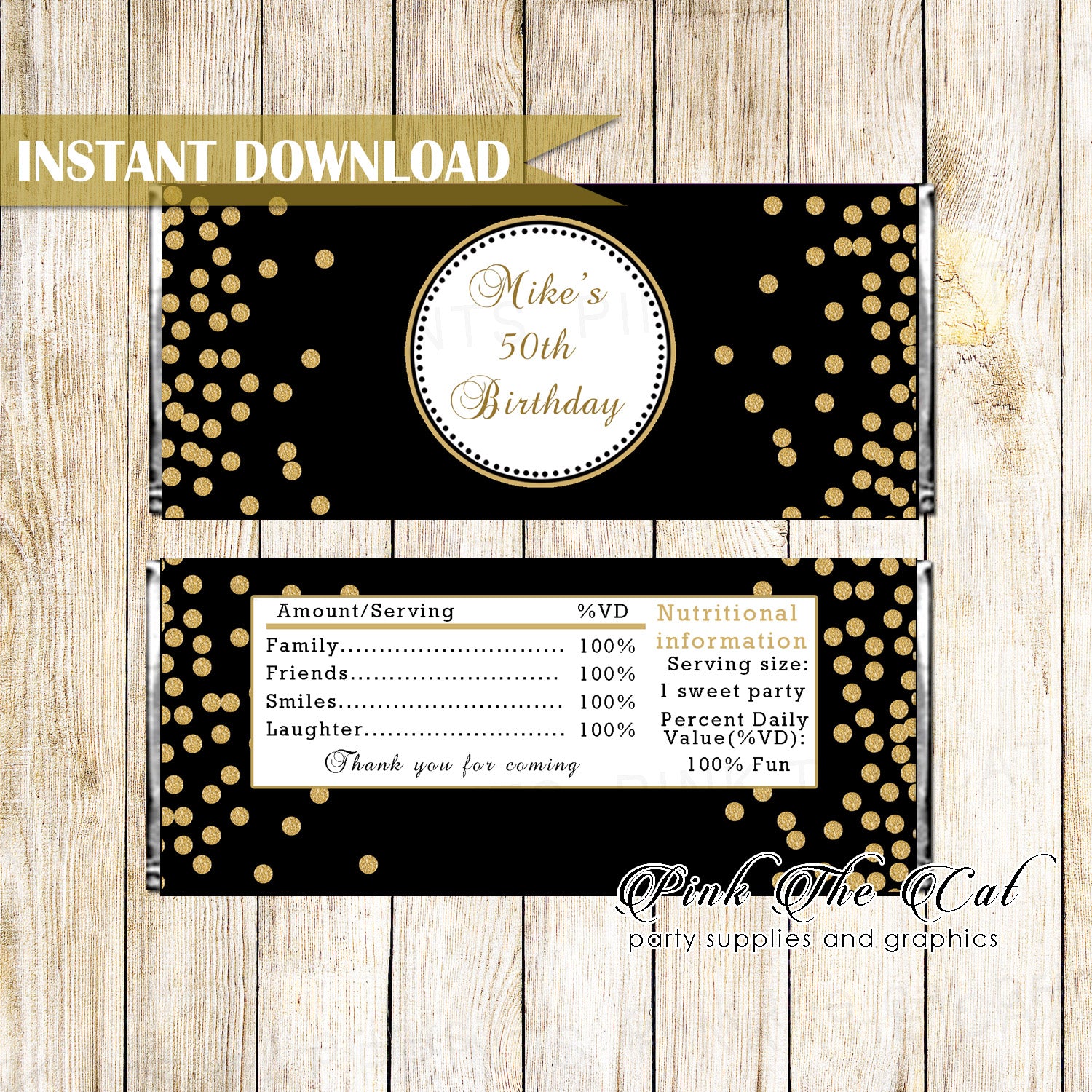 Candy bar wrappers birthday gold black printable