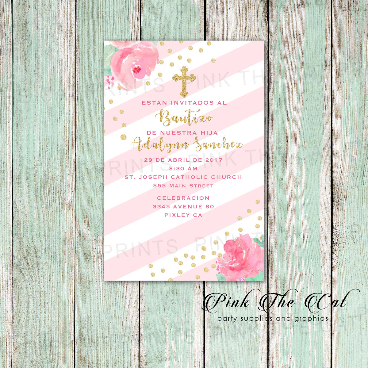 Floral Gold Pink Religious Invitation For Girls Printable