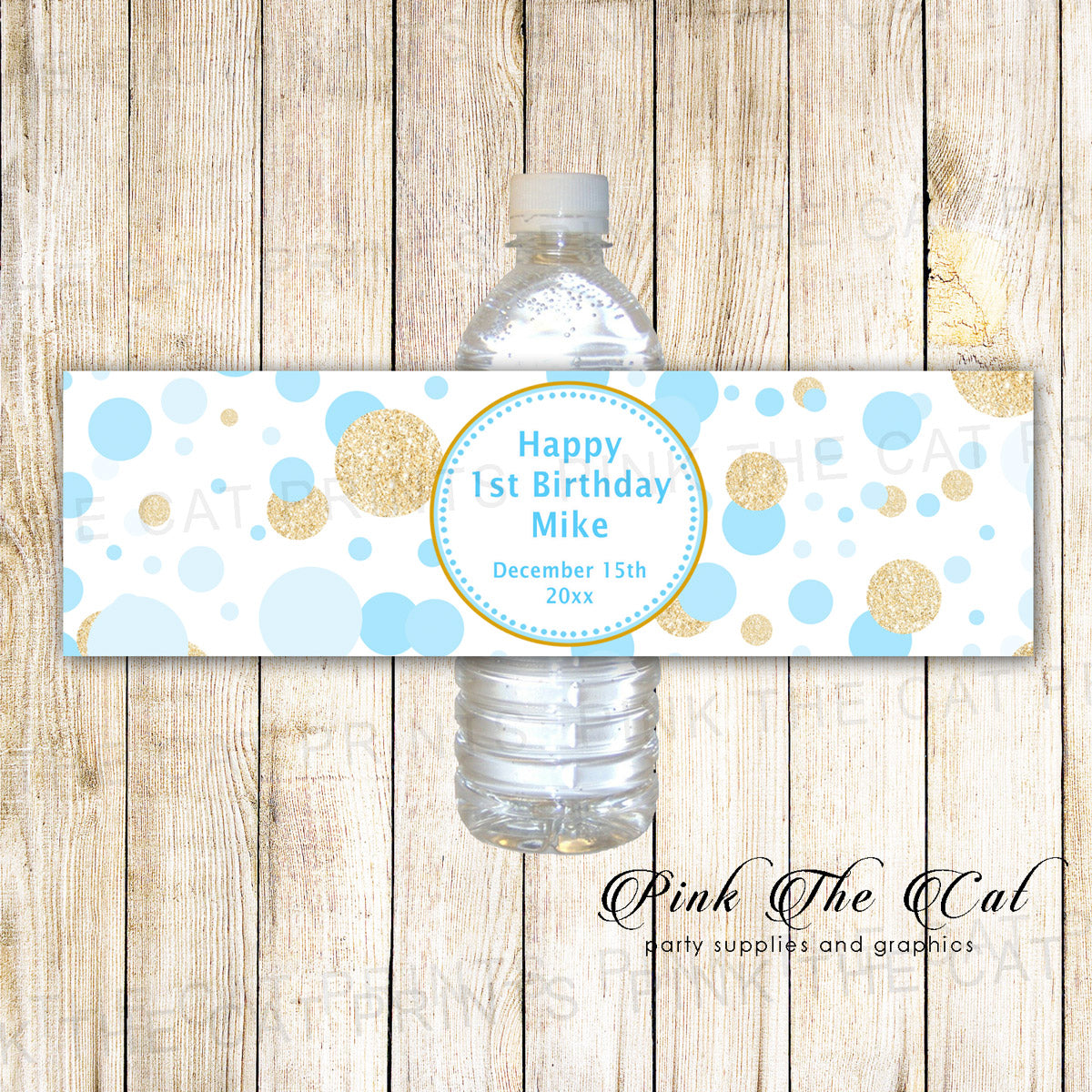 Confetti Blue Gold Birthday Baby Shower Bottle Label Printable