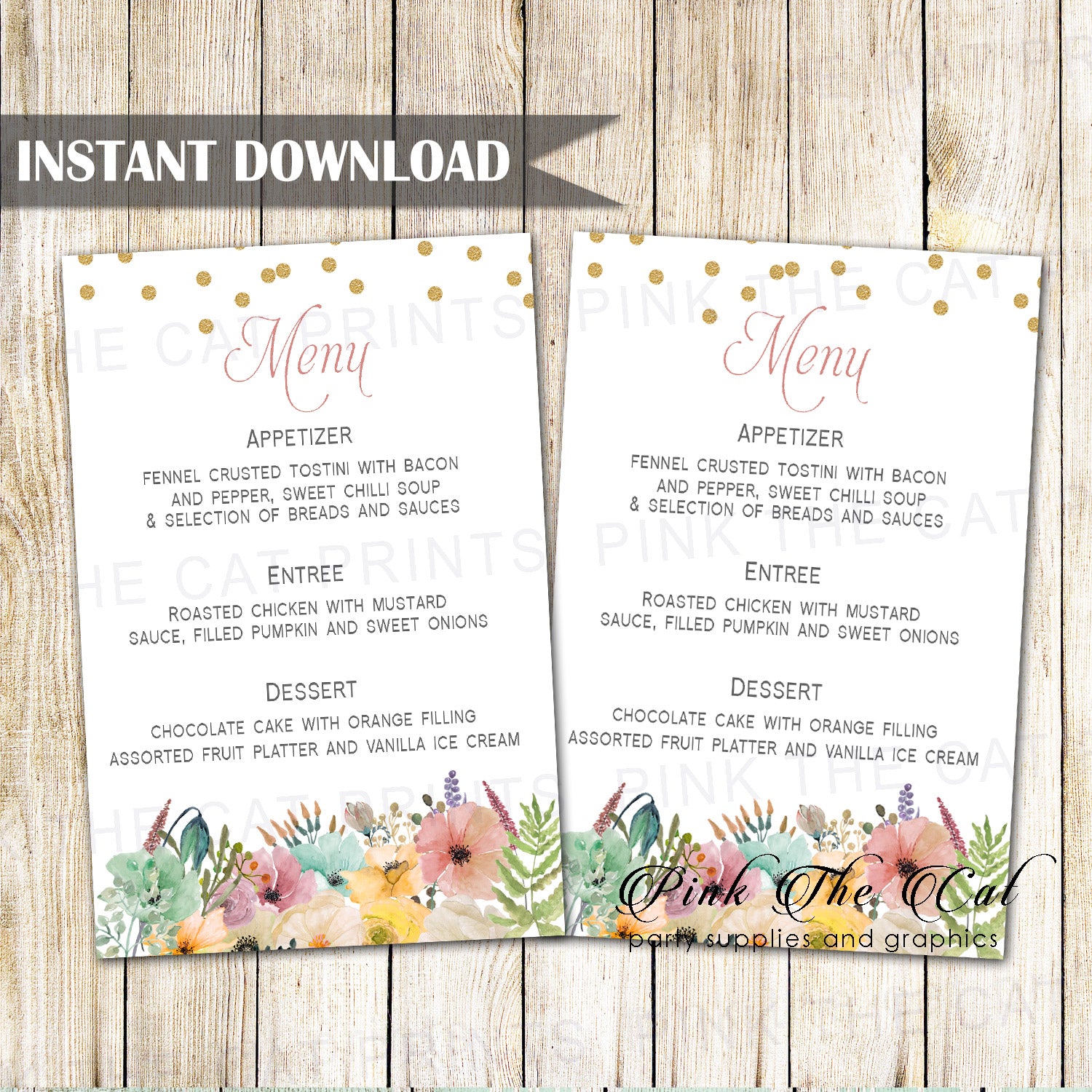 Floral Menu Card Bohemian Wedding Gold Confetti Printable