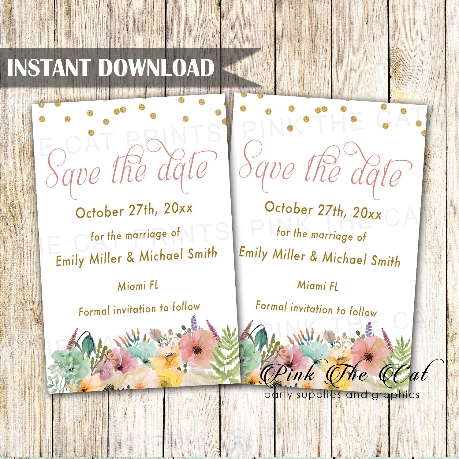 Floral confetti gold blush wedding save the date card printable