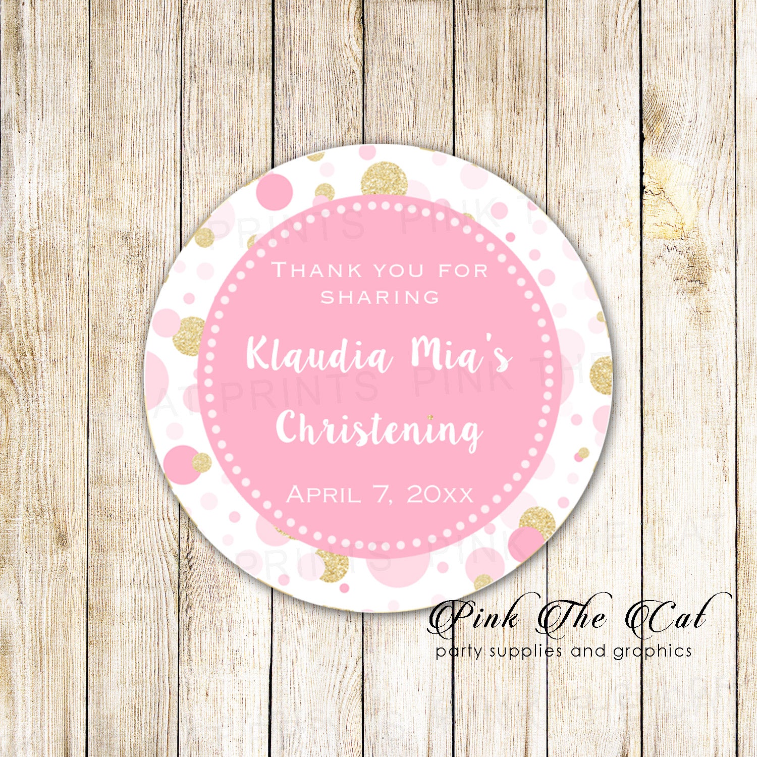 40 stickers christening communion baptism favor label pink gold
