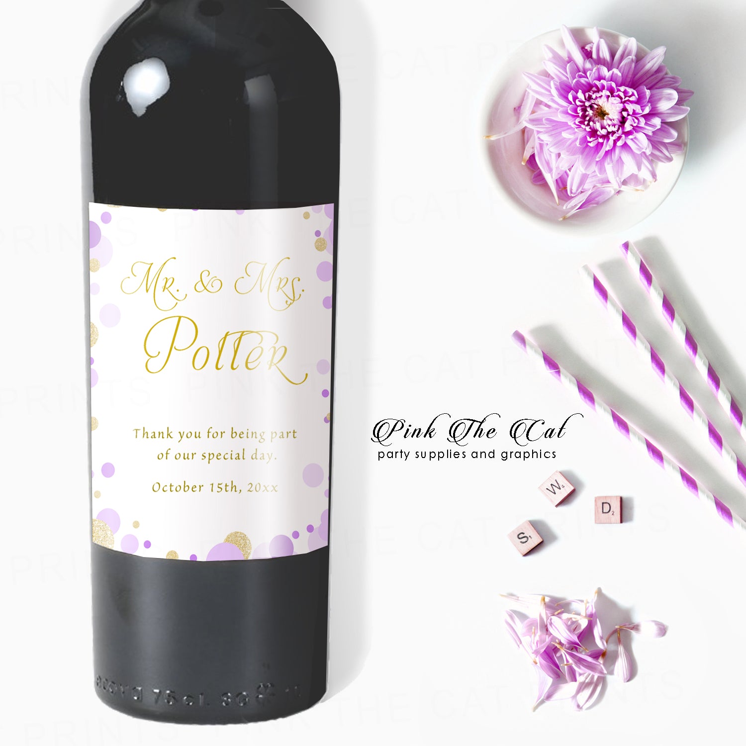 Wine Bottle Labels Wedding Gold Lavender Printable