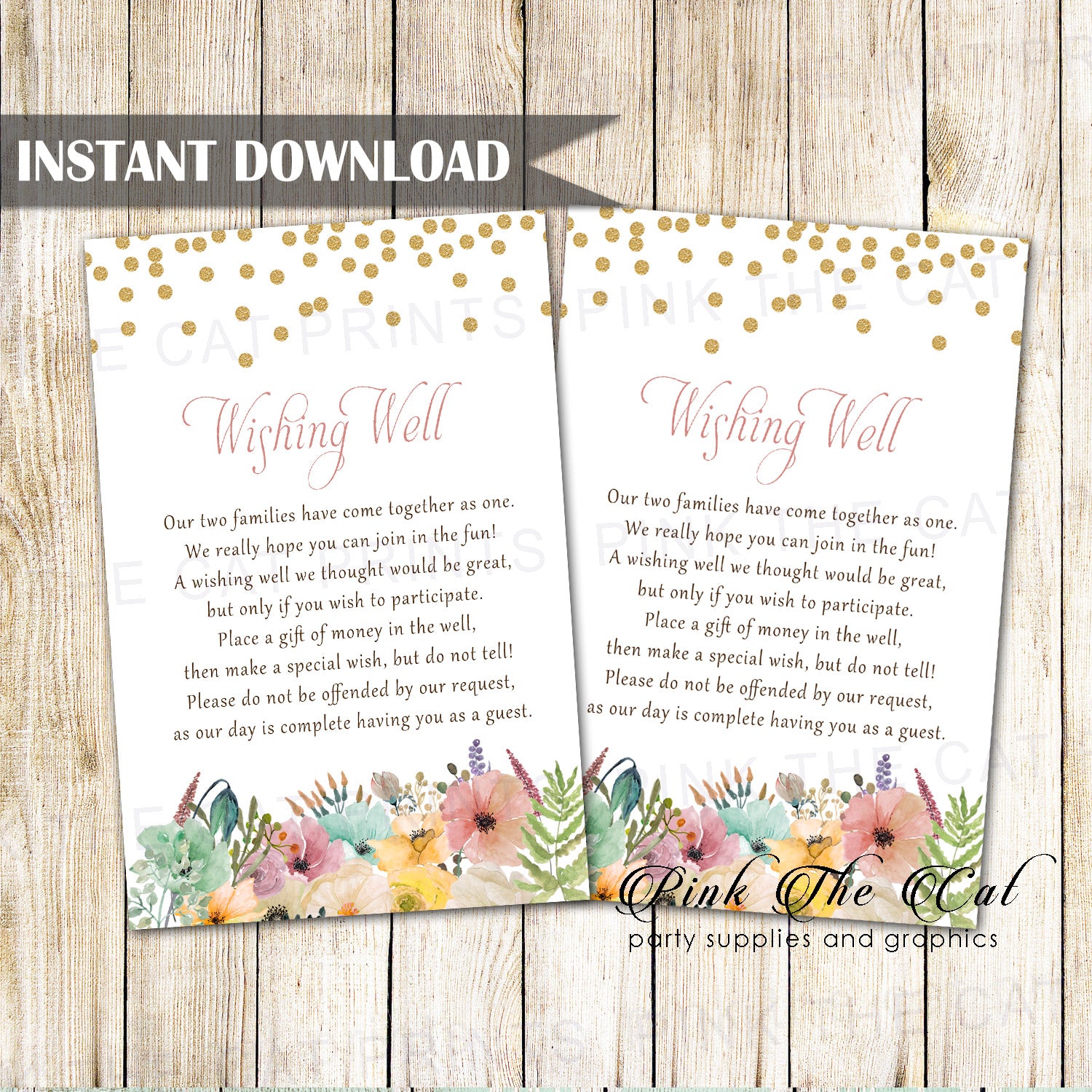 Floral Wishing Well Card Wedding Gold Blush Confetti Printable