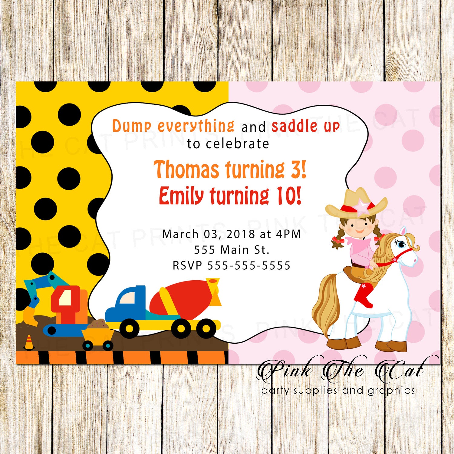 Construction Cowgirl Invitation Kids Twins Birthday Party Printable