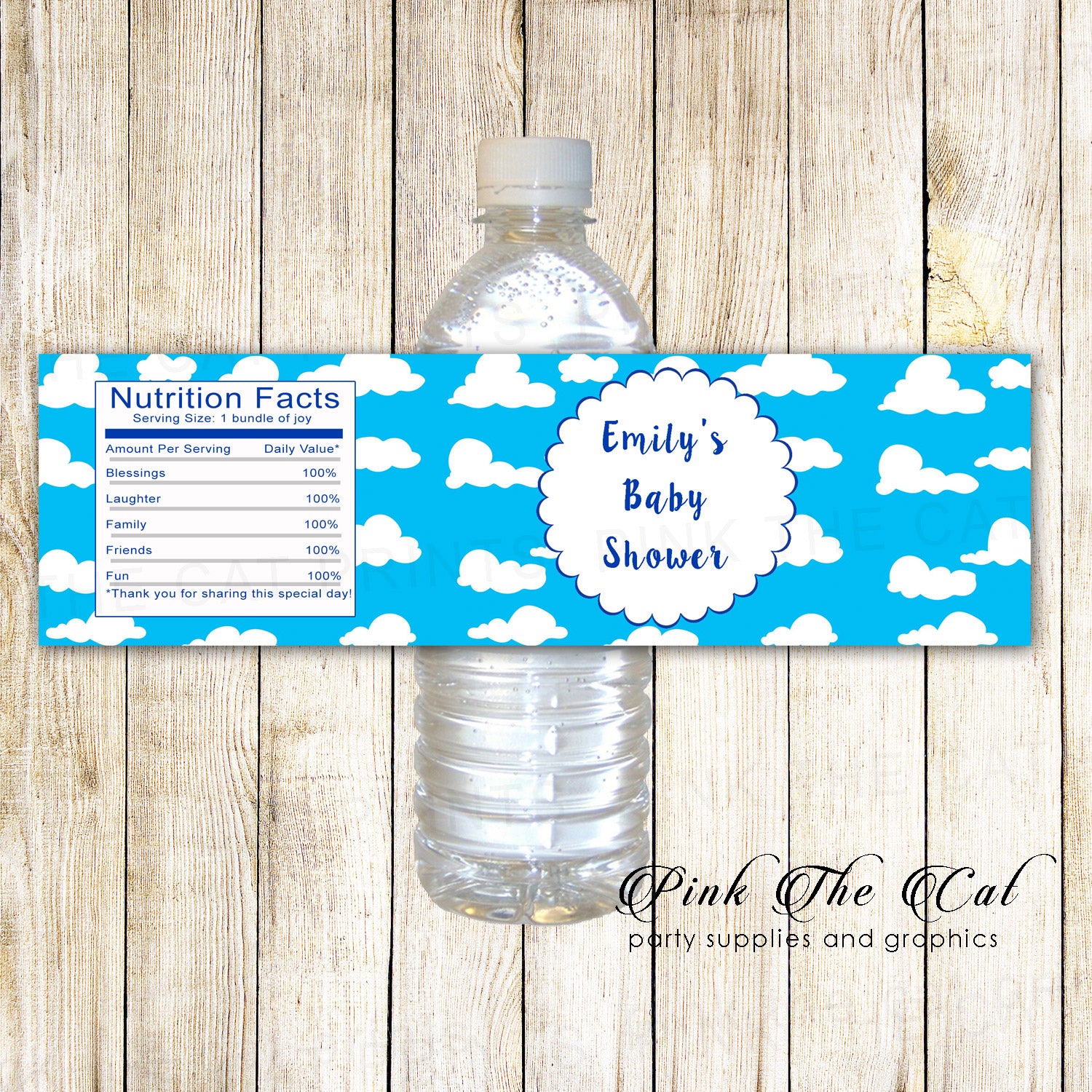Water Bottle Label Stickers Clouds Birthday Baby Shower Printable