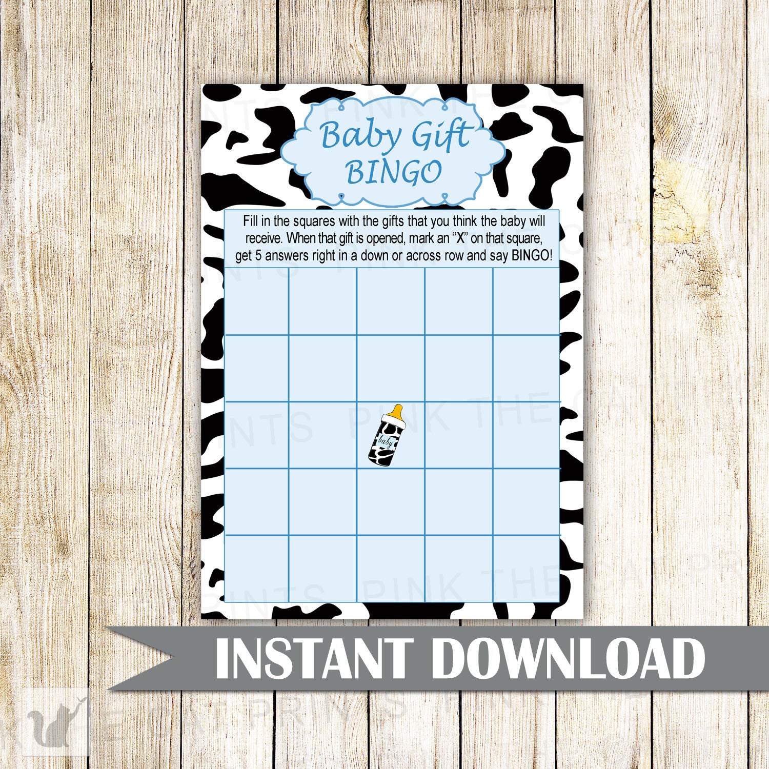 Farm Cow Baby Boy Shower Bingo Card Blue Black Cowhide