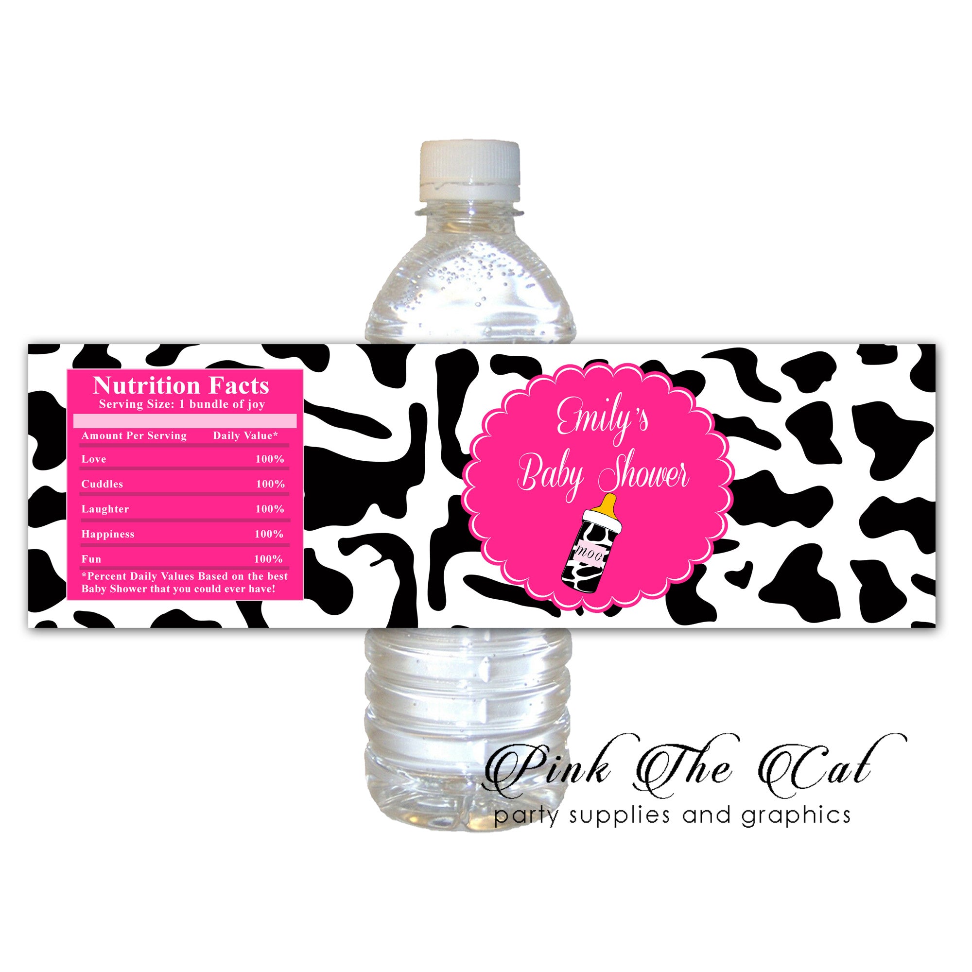 Cow pink black bottle label printable baby shower favors 