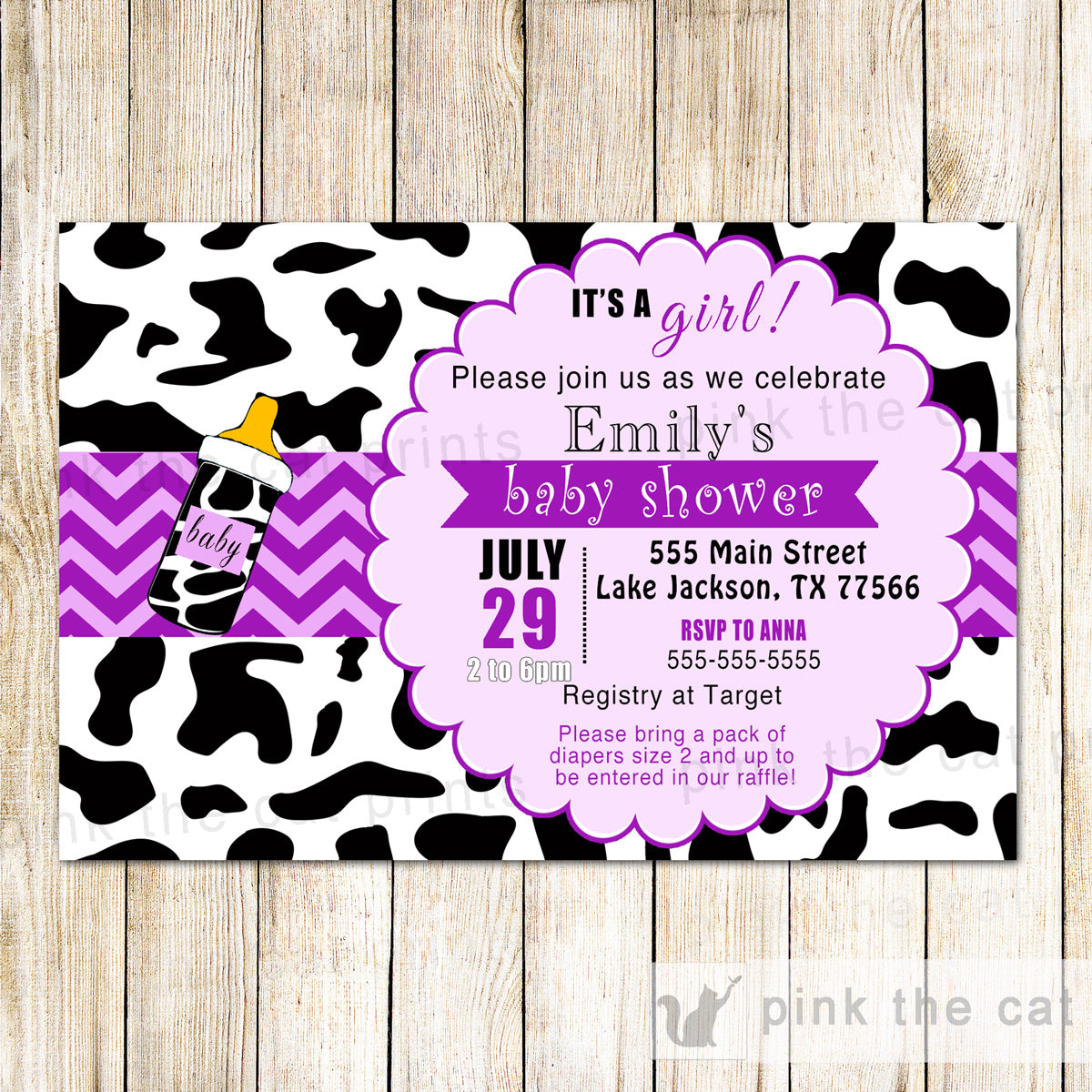 Cow Baby Girl Shower Invitation Purple