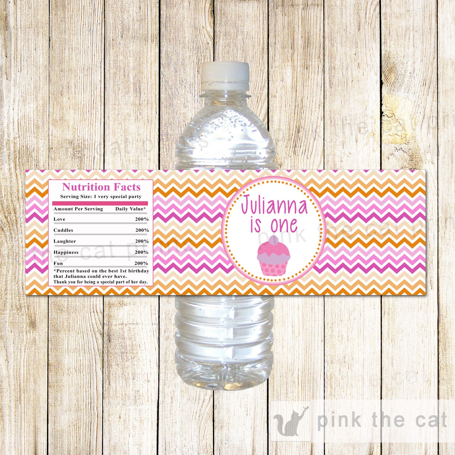 Cupcake Bottle Label Wrapper Birthday Baby Girl Shower Pink Orange