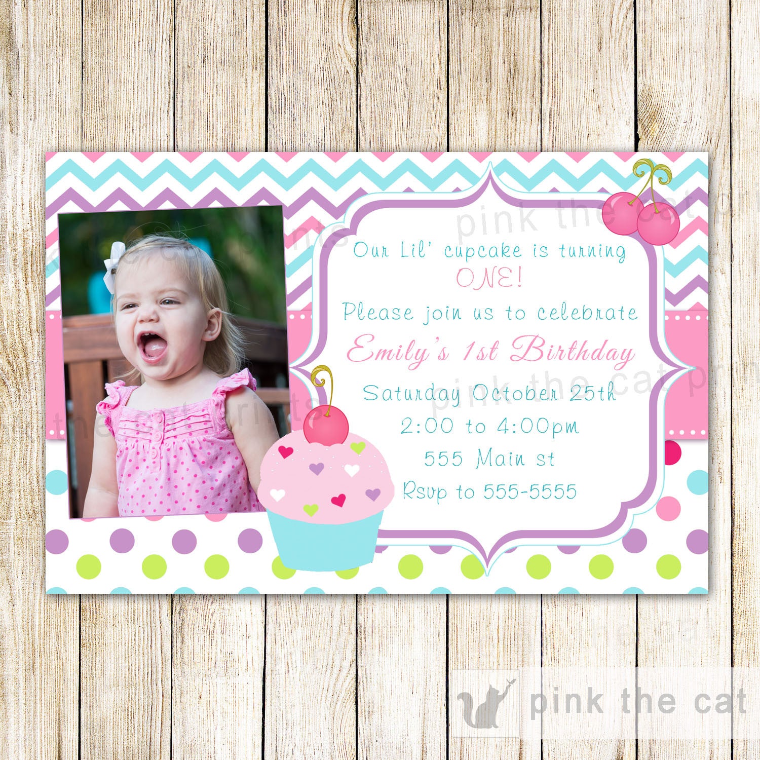 Cupcake Invitation Girl Birthday Party Photo Card Pink Purple Cherry