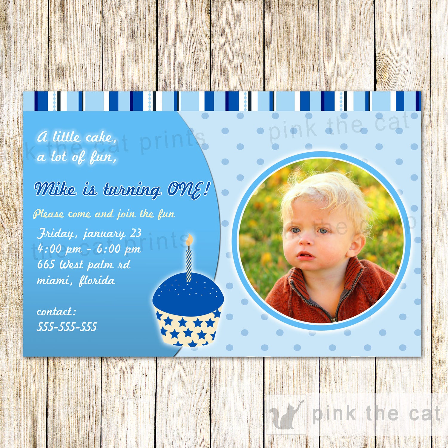Cupcake Invitation Boy Birthday Party Photo Card Blue