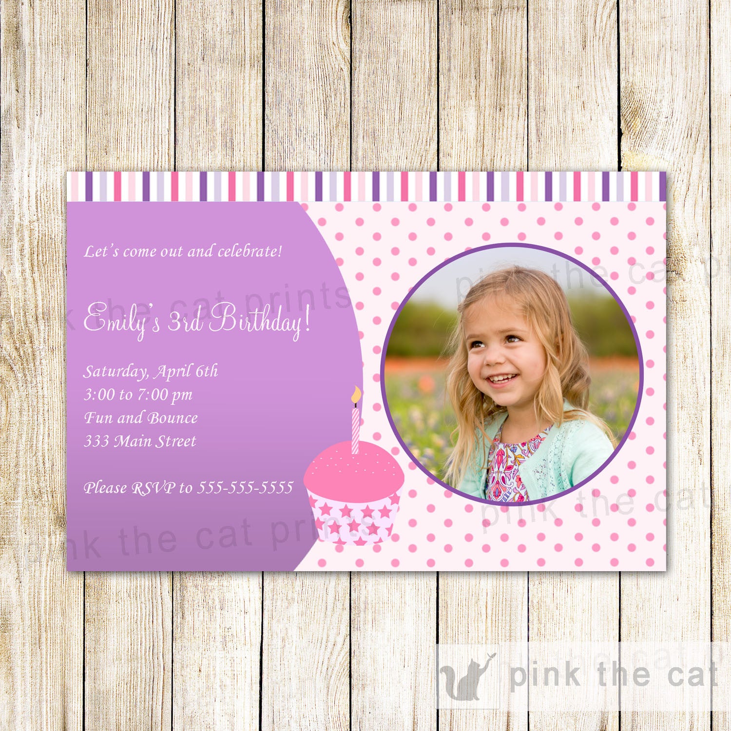 Cupcake Invitation Photo Card Girl Birthday Party Pink Purple