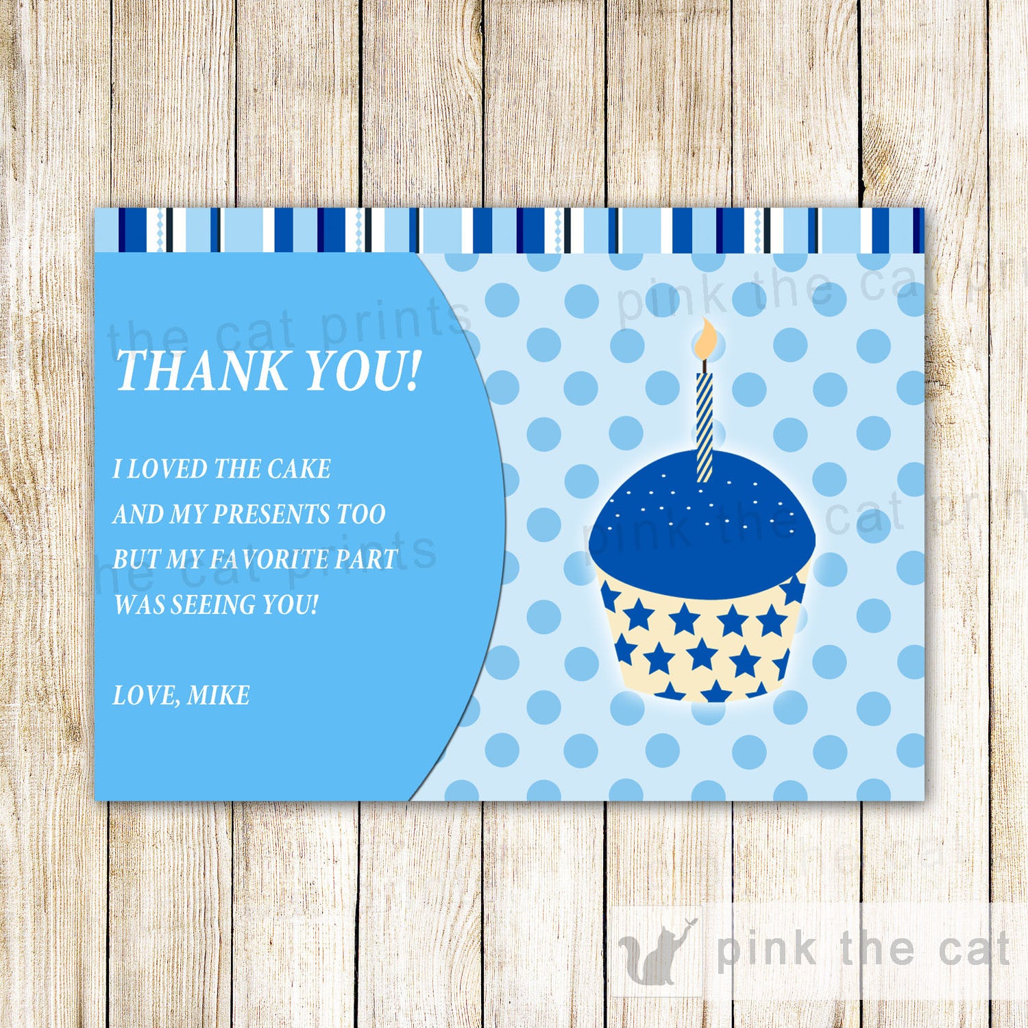 Blue Cupcake Candle Thank You Card Note Boy Birthday Party