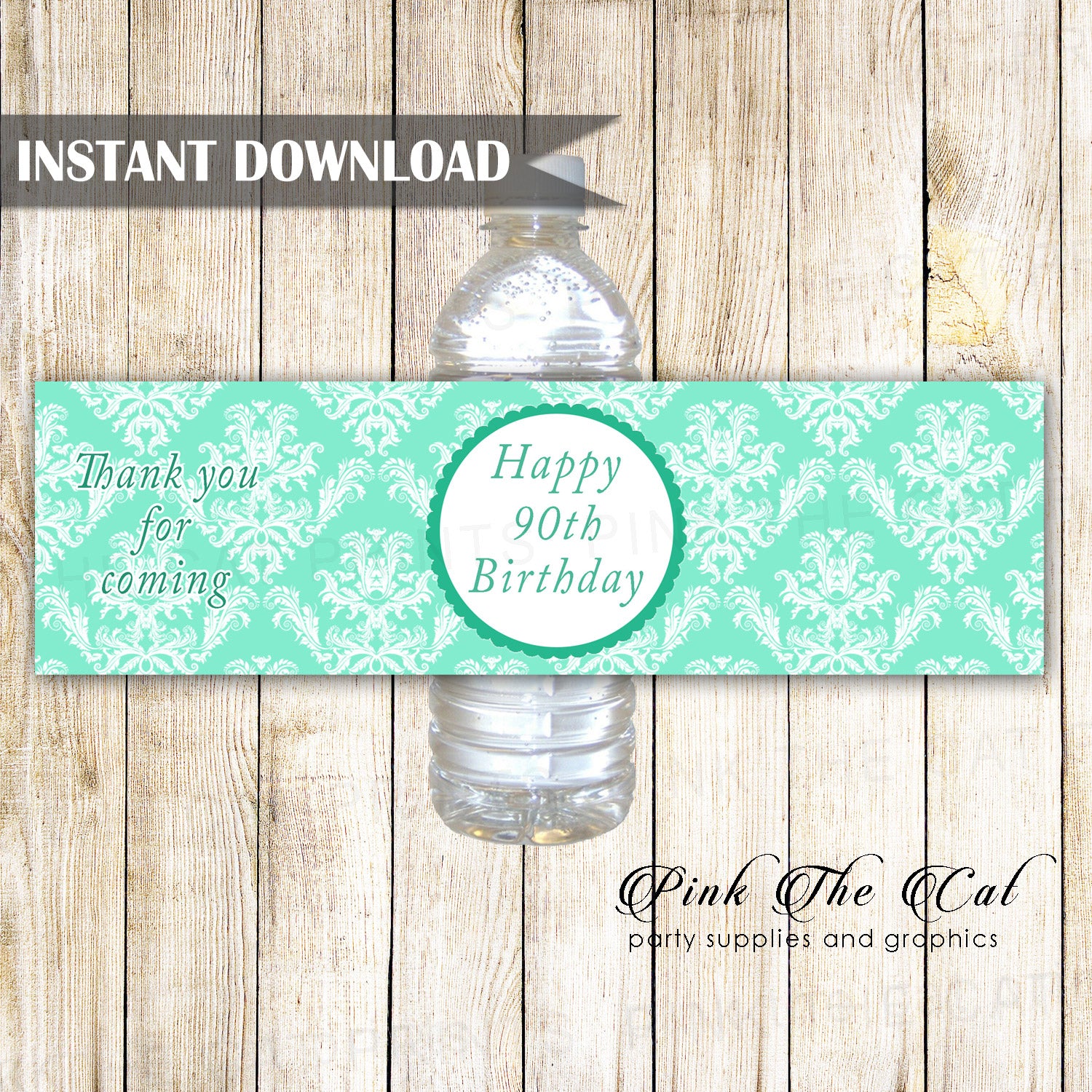 90th birthday bottle labels teal damask unisex printable