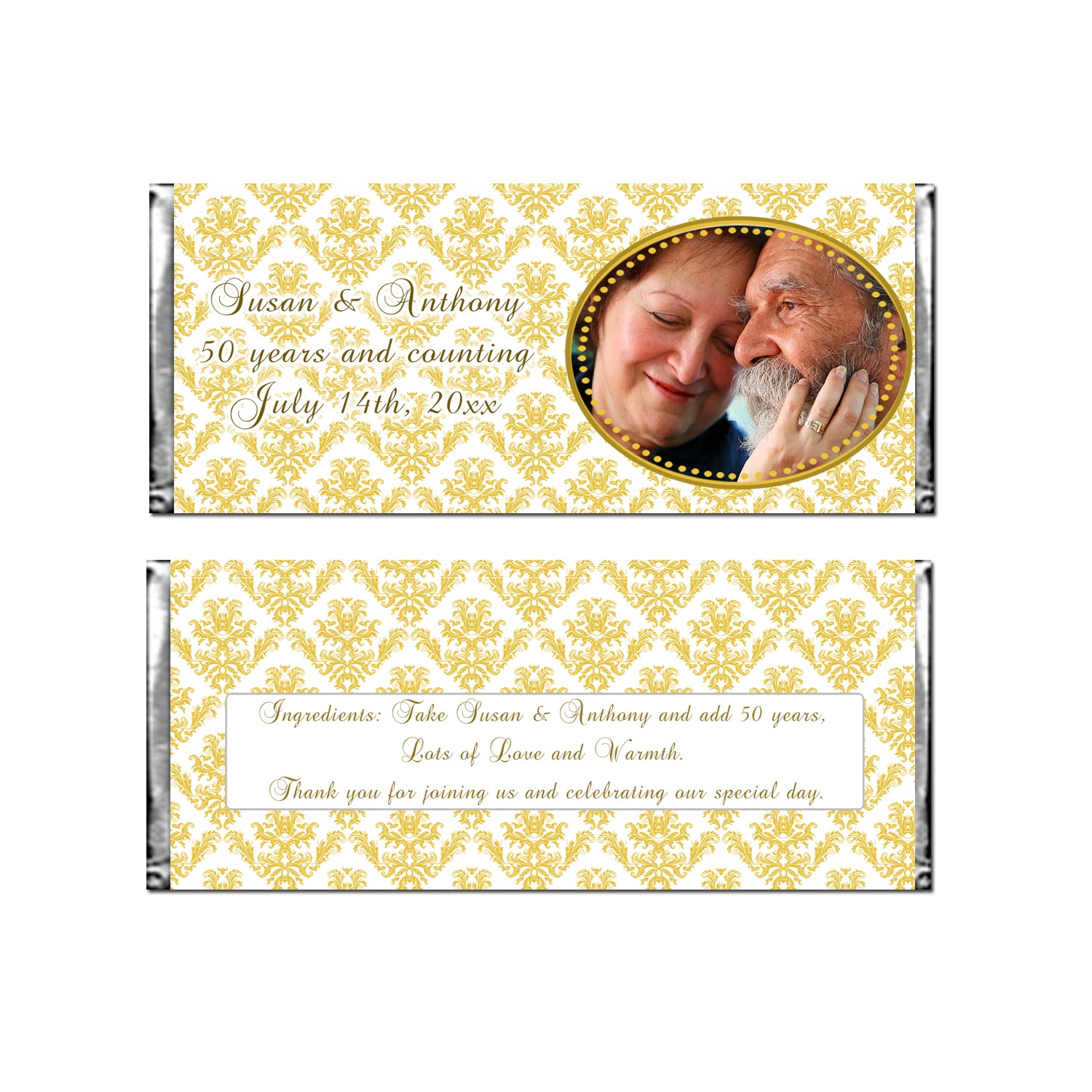 30 Candy Bar Wrappers Wedding Anniversary Gold With Photo