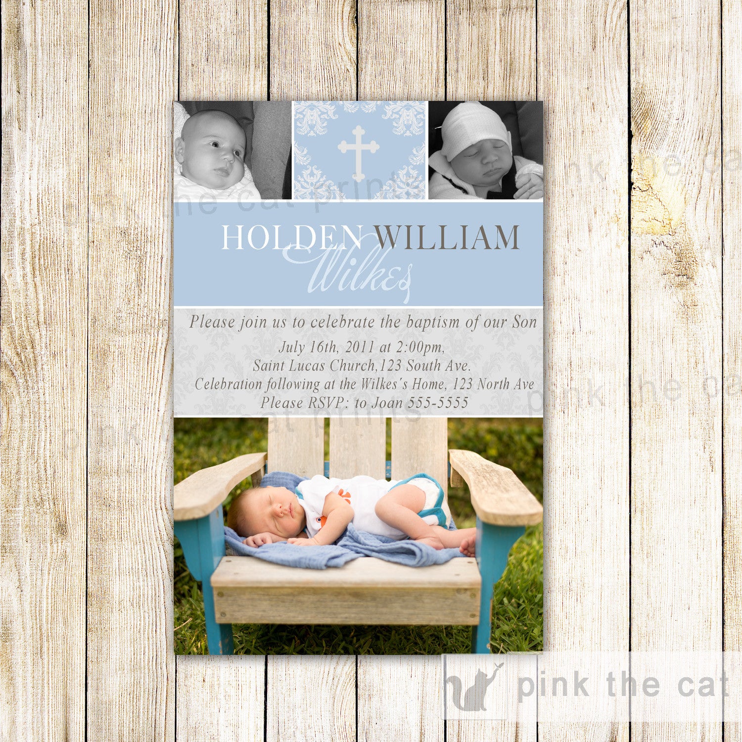 Boy Baptism Christening Dedication Invitation Blue Grey With Photos