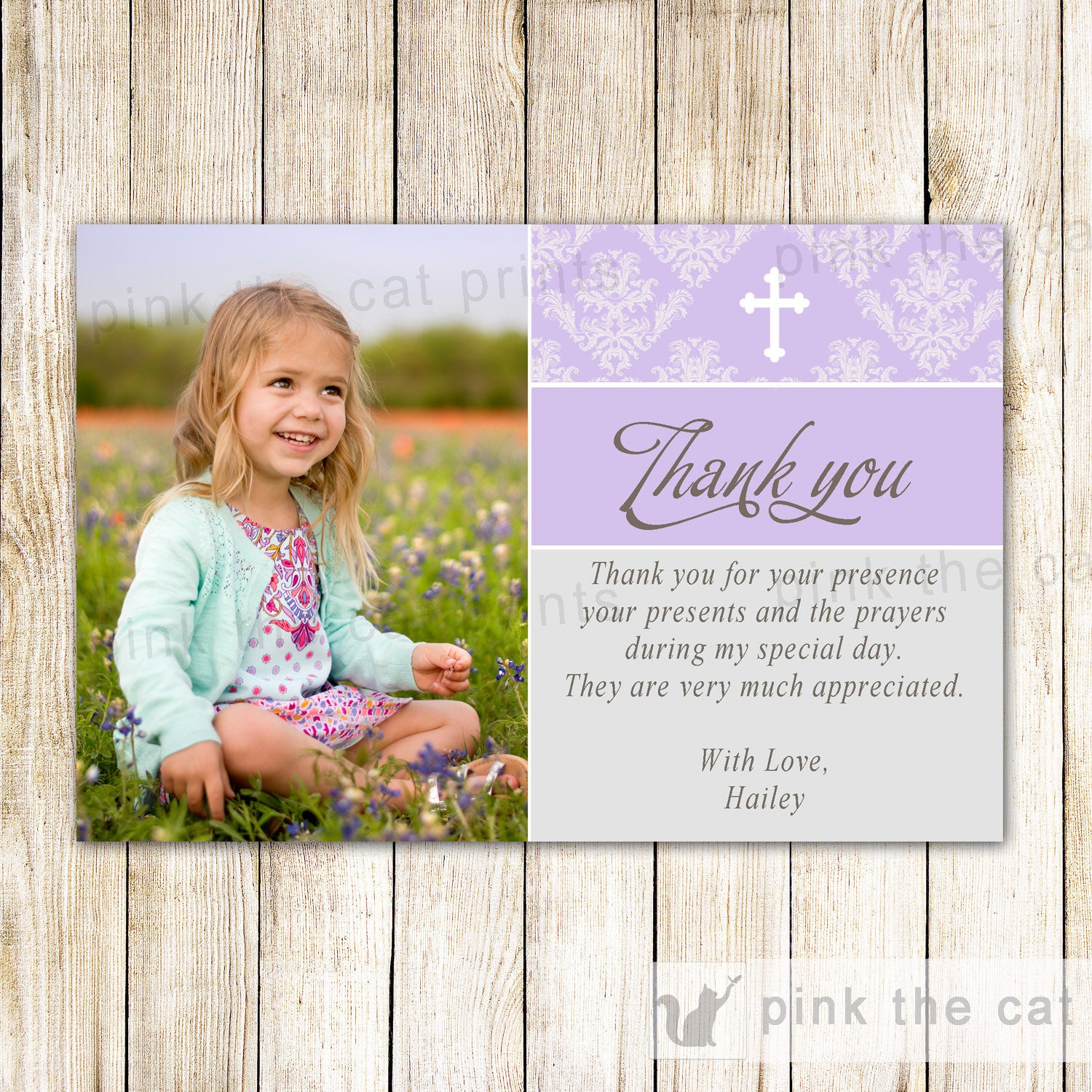 Girl Baptism Christening Thank You Card Lavender Damask Purple