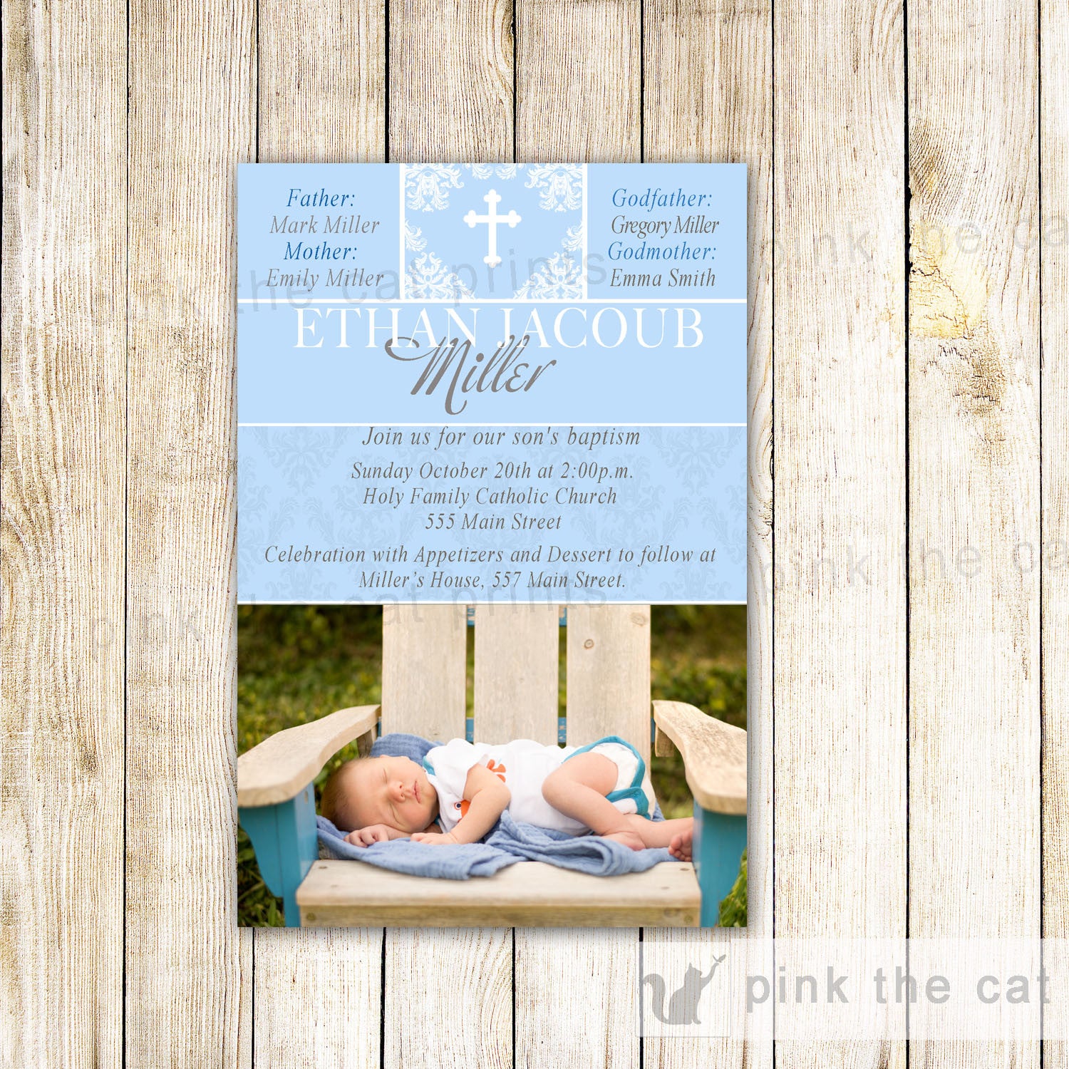 Boy Baptism Christening Invitation Photo Card Baby Blue