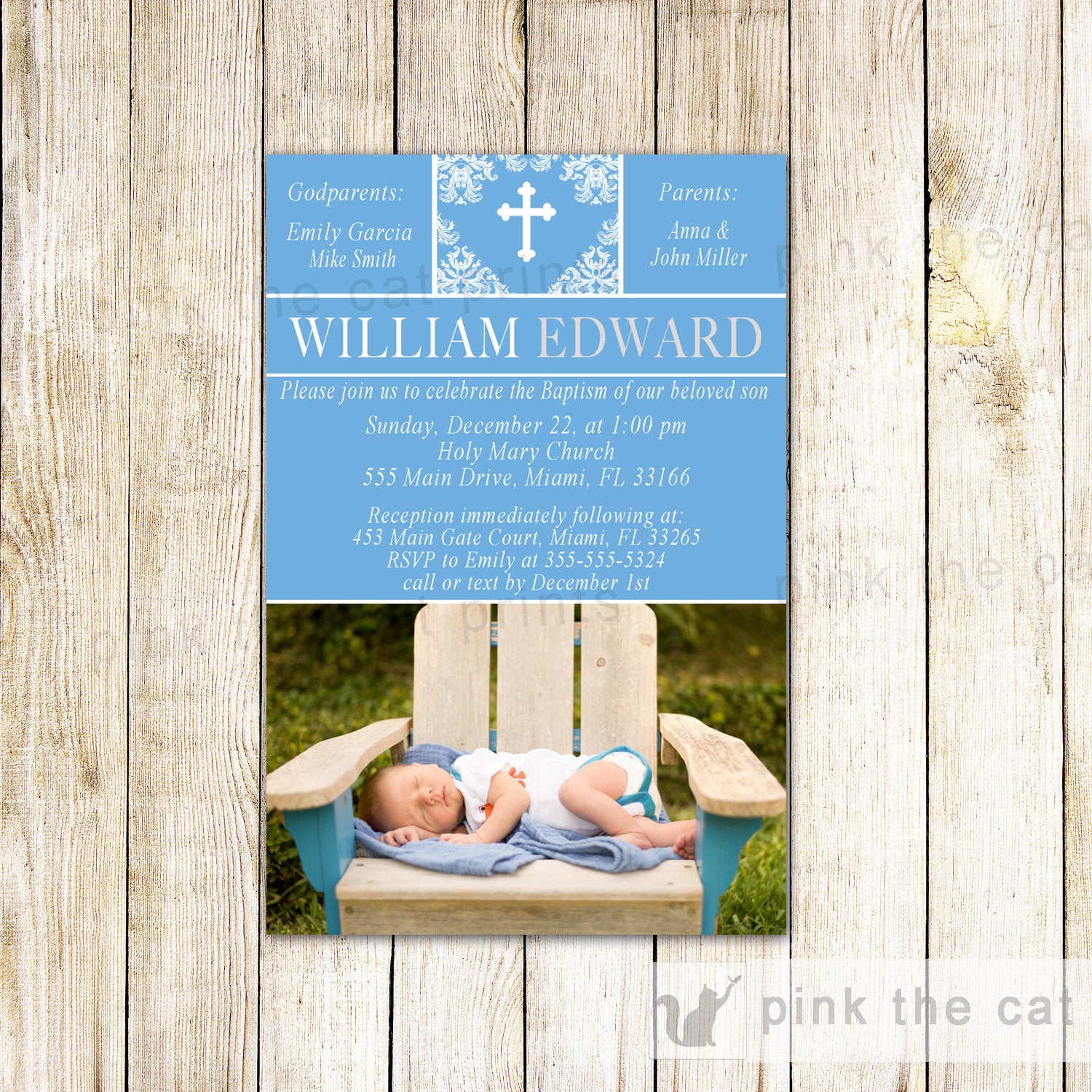 Boy Baptism Invitation Photo Card Boy Christening Blue