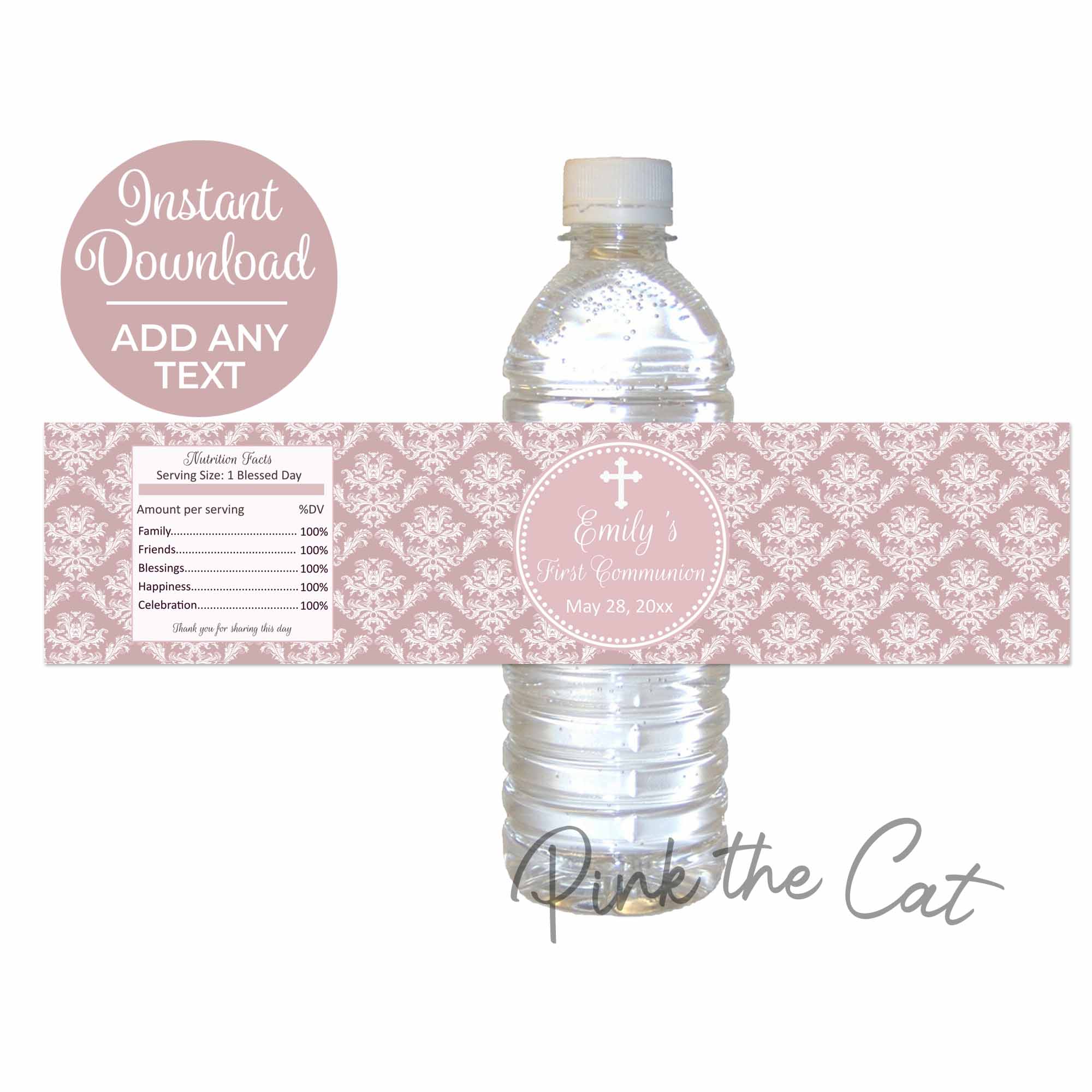 Rosegold first communion bottle label