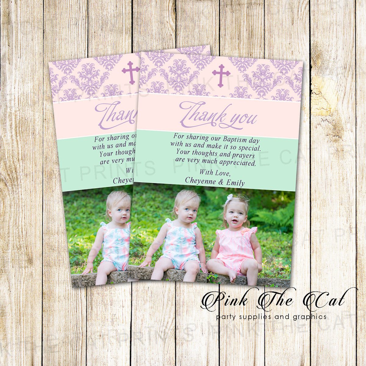 Pink Mint Baptism Christening Thank You Note Photo Card Printable
