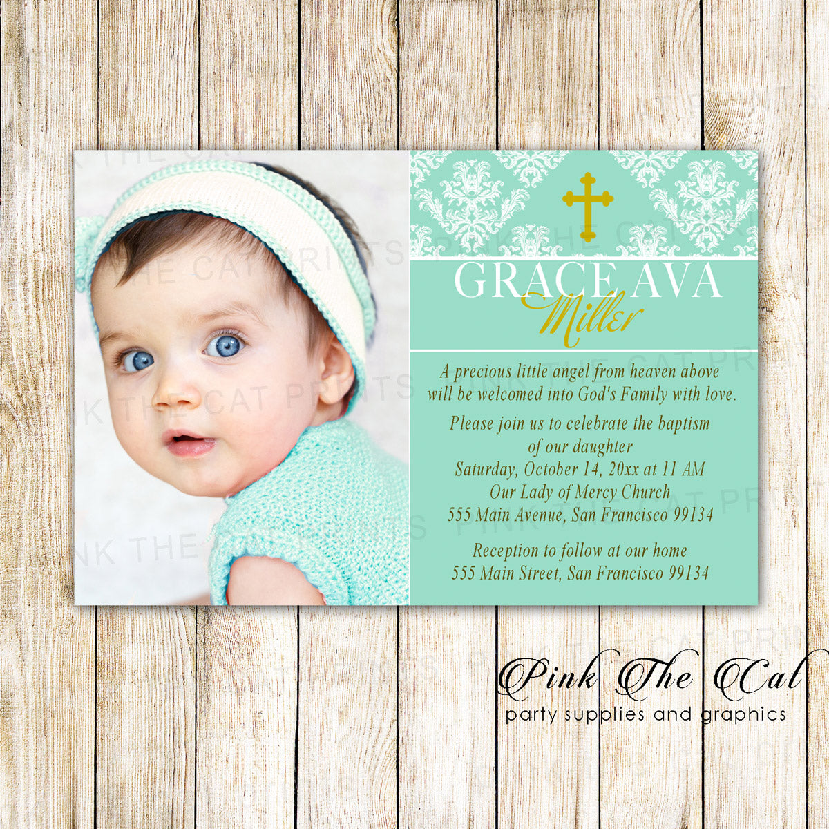 30 Baptism Christening Photo Invitations Gold Mint Green