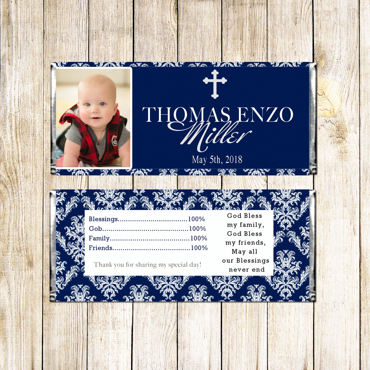 Baptism candy bar navy blue silver photo personalized printable