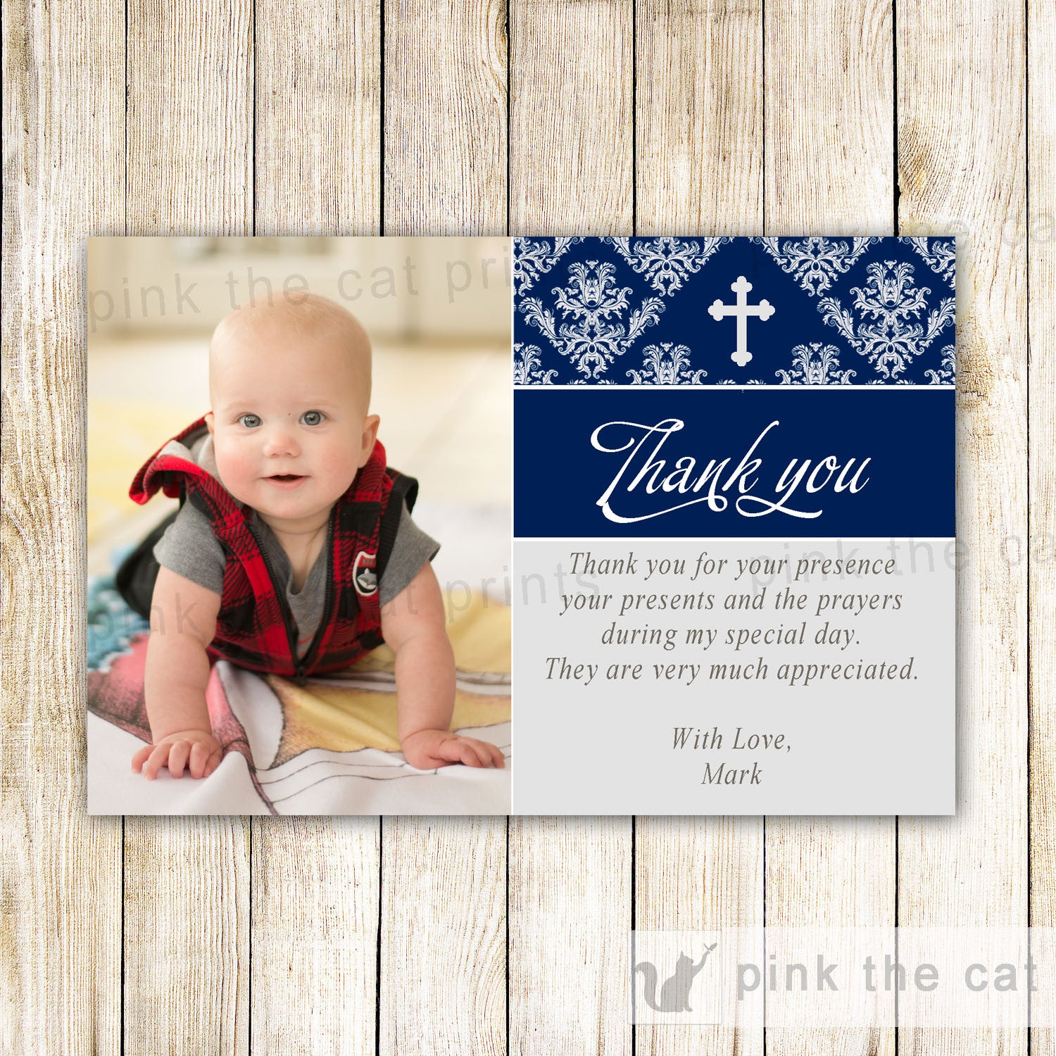 Boy Baptism Dedication Thank You Photo Card Navy Blue