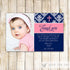 navy blue pink girl baptism photo card