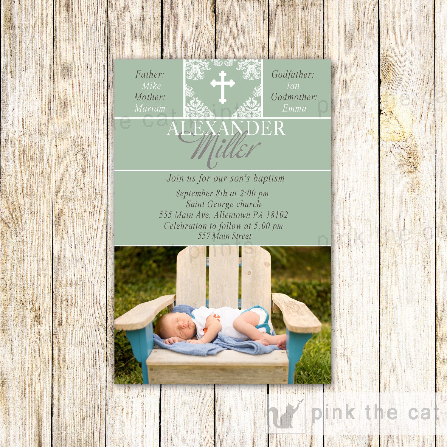 Green Baptism Invitation Boy Christening Photo Card