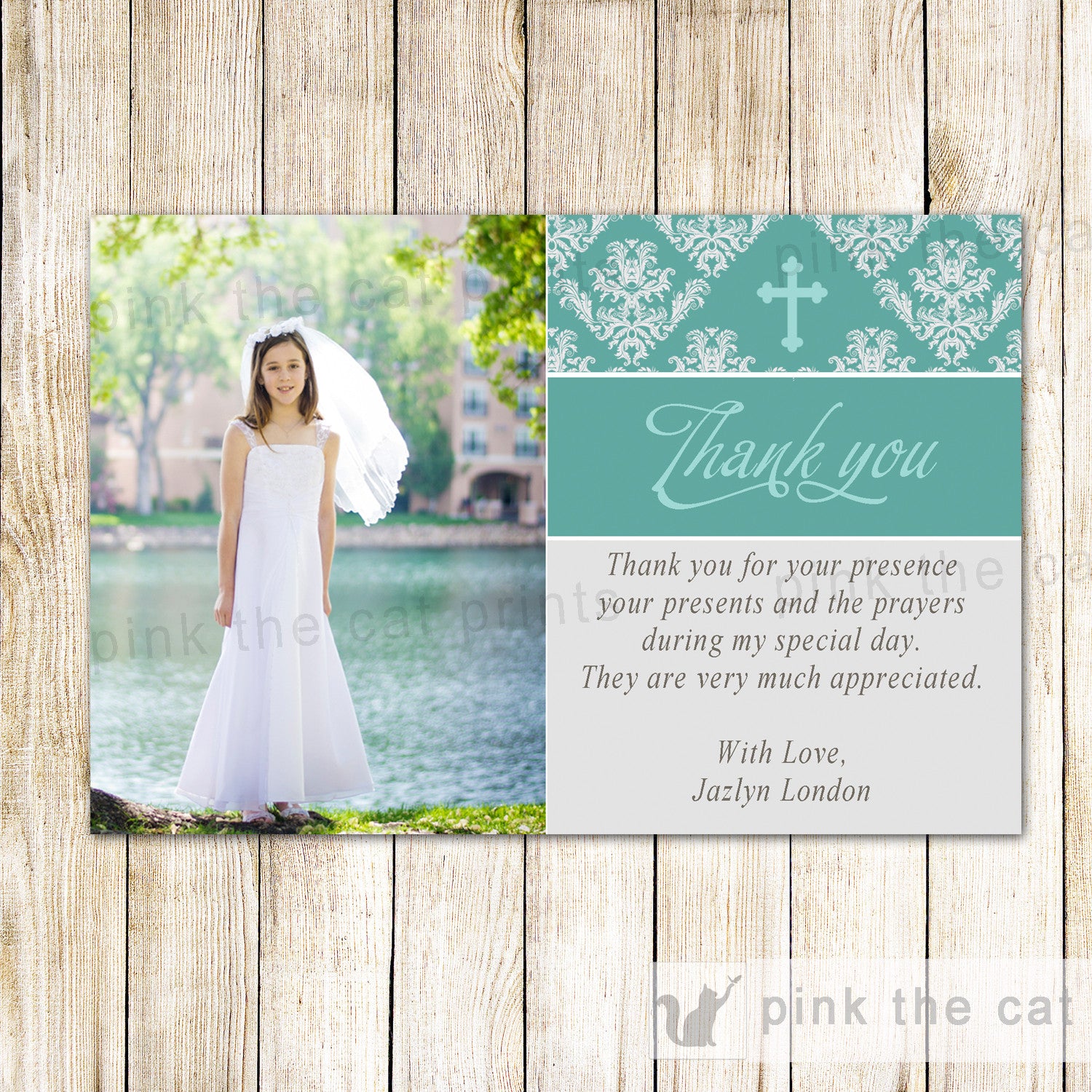 Girl Baptism Christening Holy Communion Thank You Note Photo Card Teal