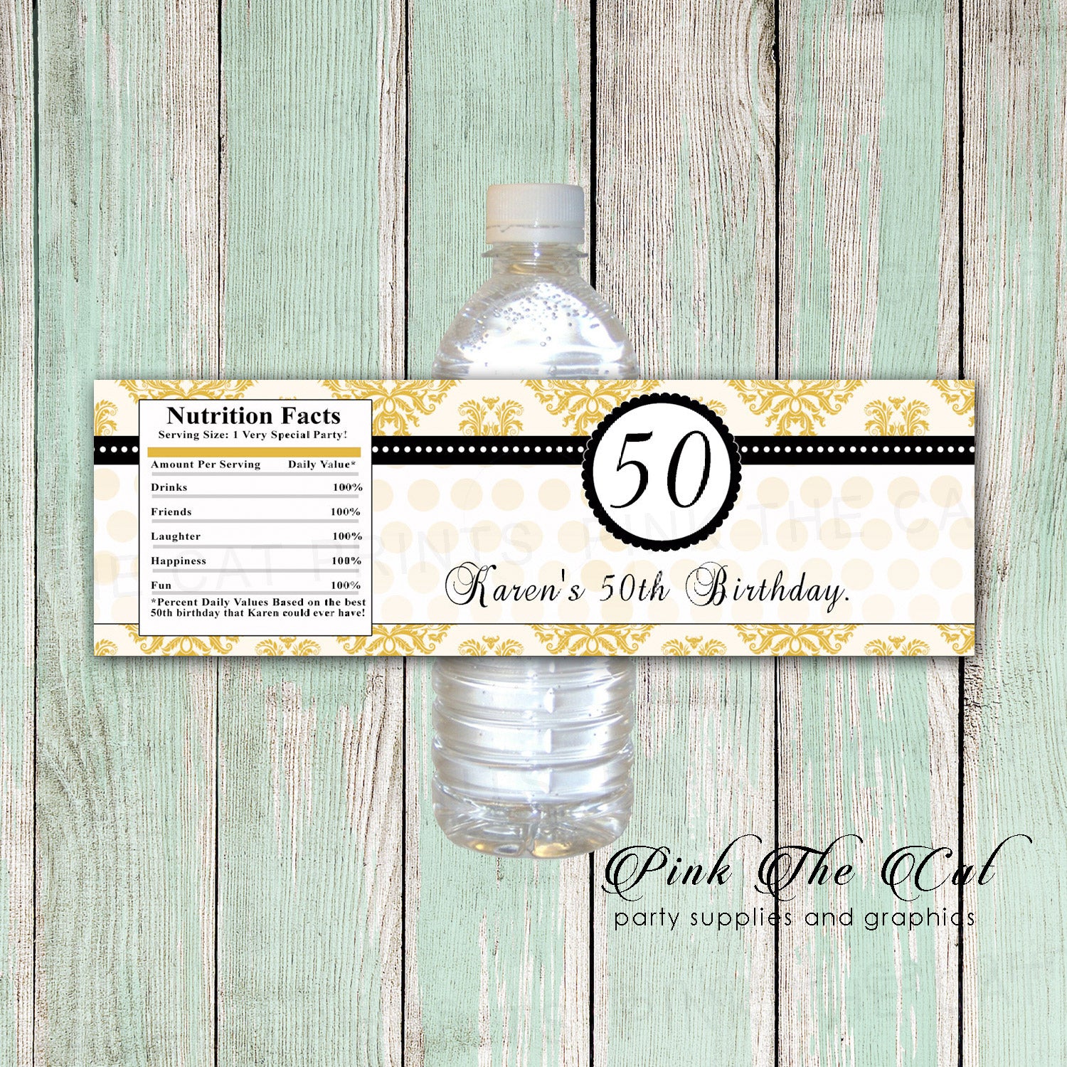 30 Bottle Labels Damask Gold Black Adult Birthday Party