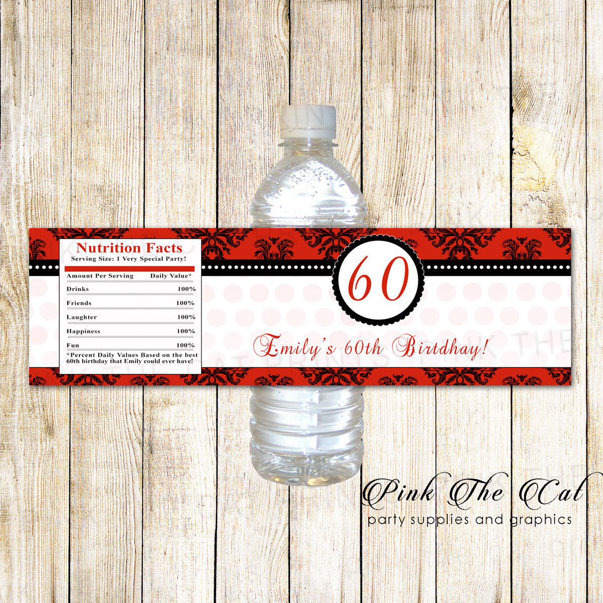 red black water bottle label birthday