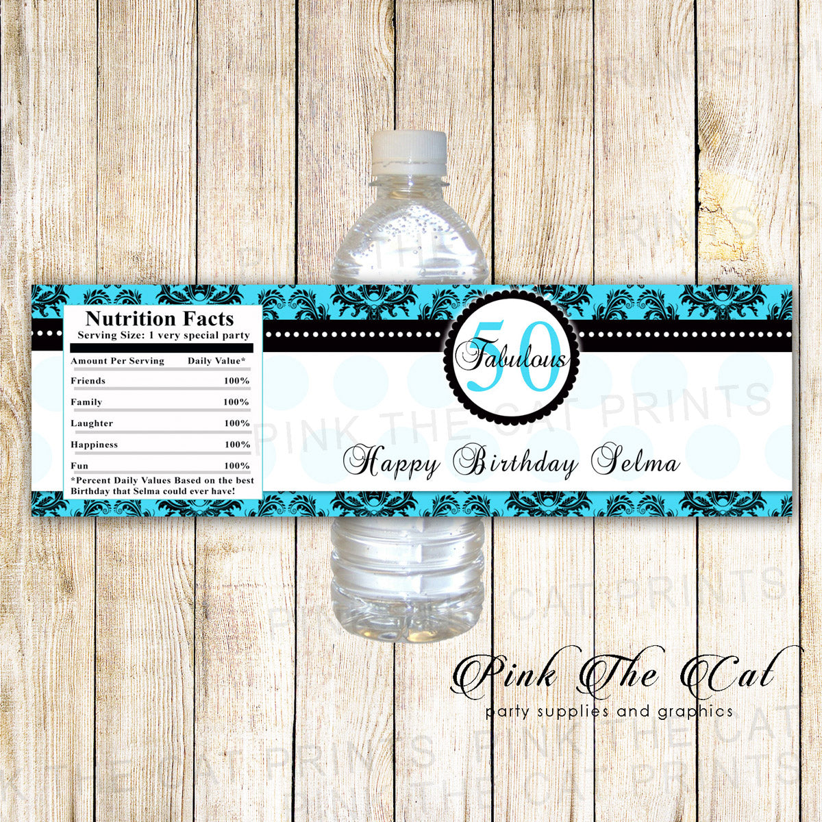 Turquoise Black Adult Birthday Party Bottle Label