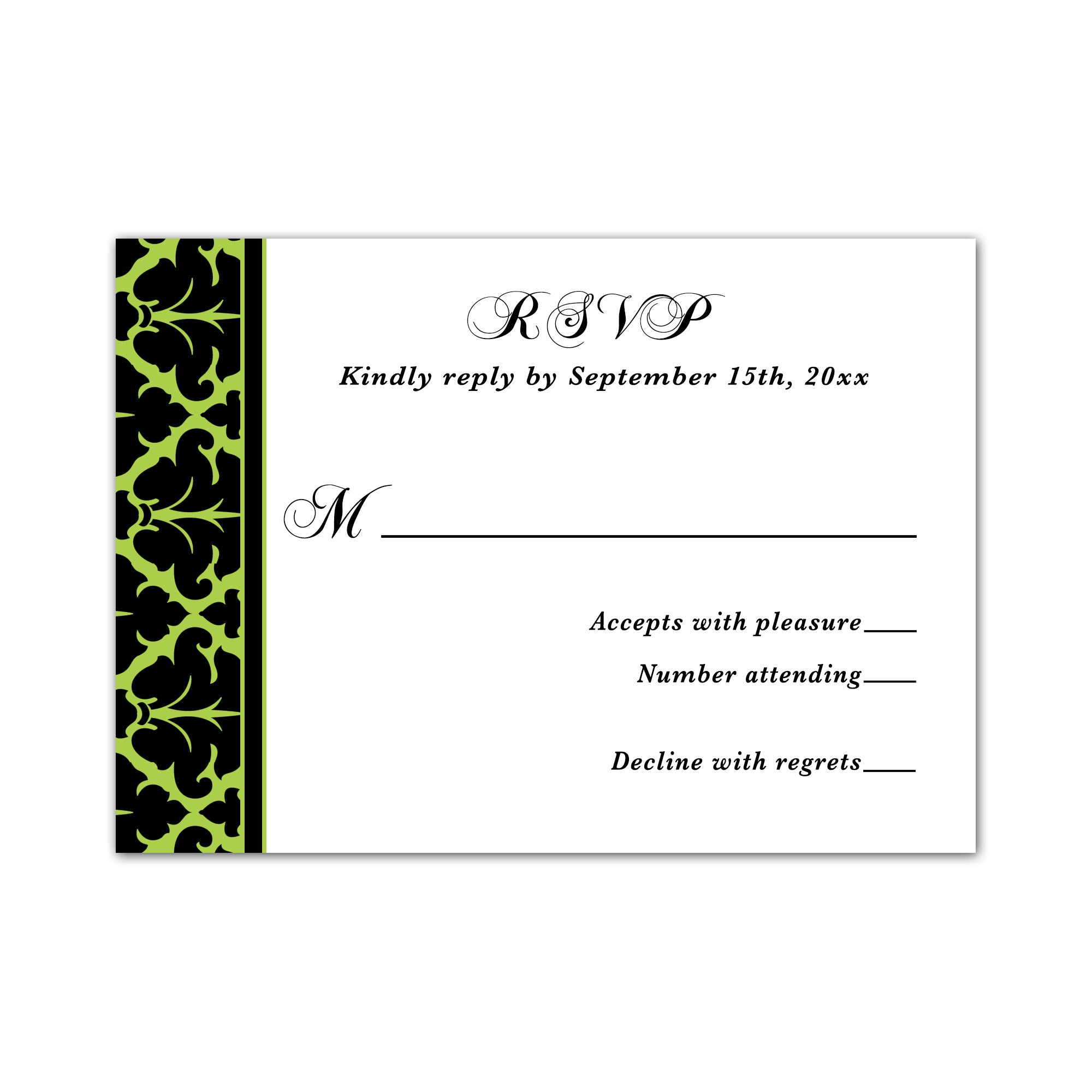 RSVP response cards lime green black damask printable