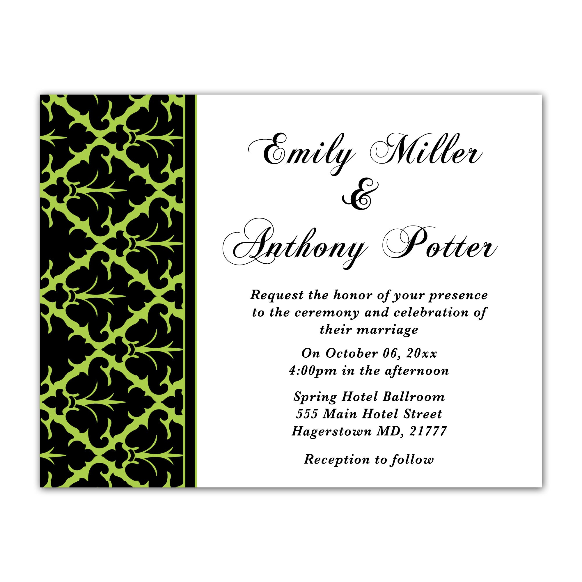 Damask black lime green wedding invitation printable