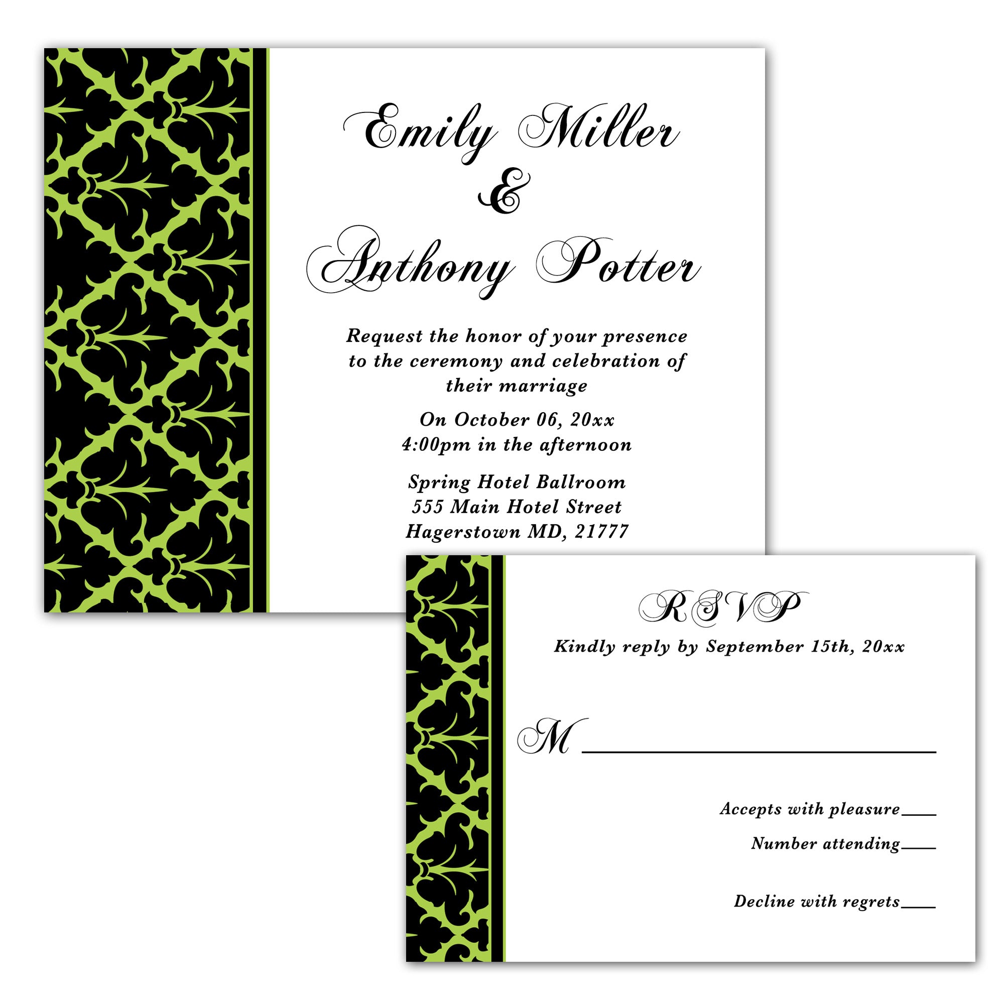 100 wedding invitations lime green black & RSVP cards