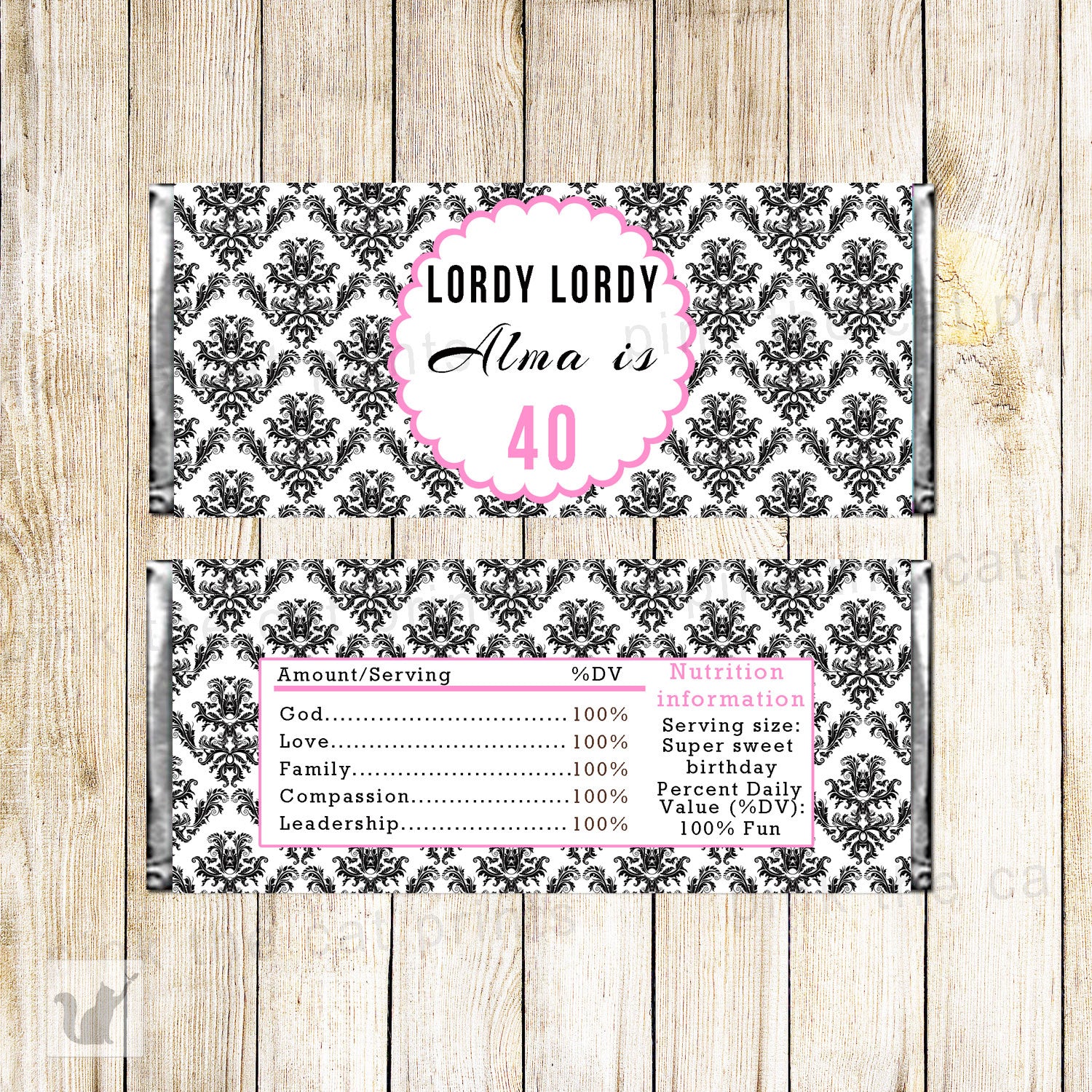Pink Black Candy Bar Label Wrapper 40th Birthday