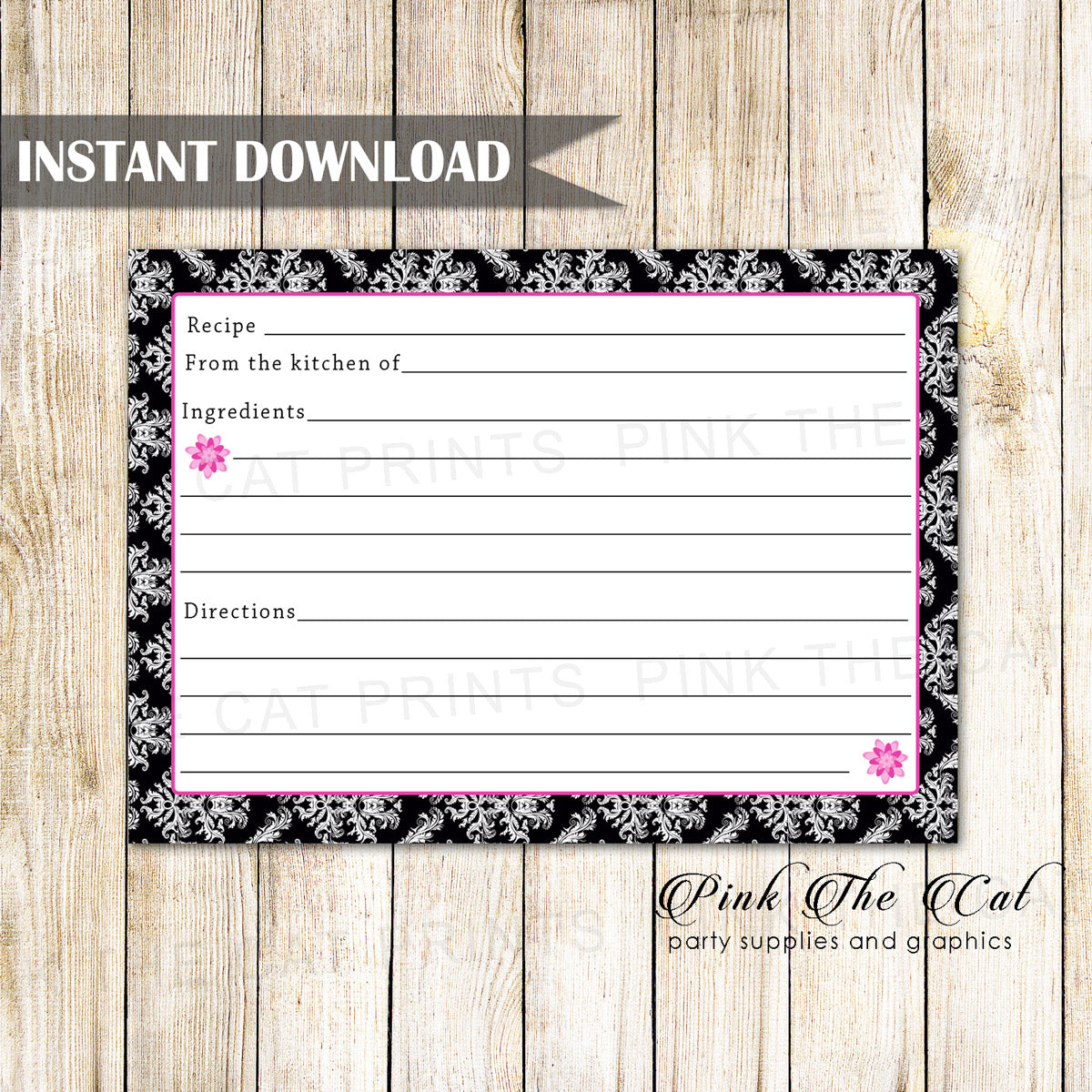 Black Pink Damask Recipe Card Printable Instant Download