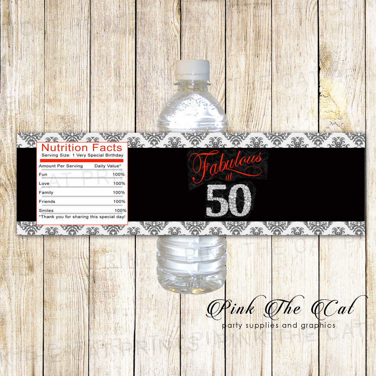 Black Red 50th Birthday Bottle Label Diamond Rhinestones