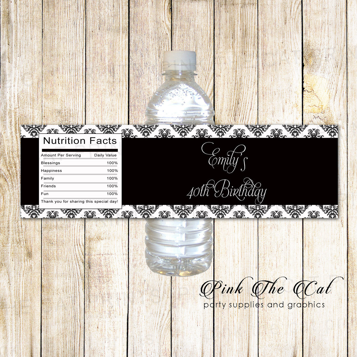 Black white damask adult birthday party water bottle label printable