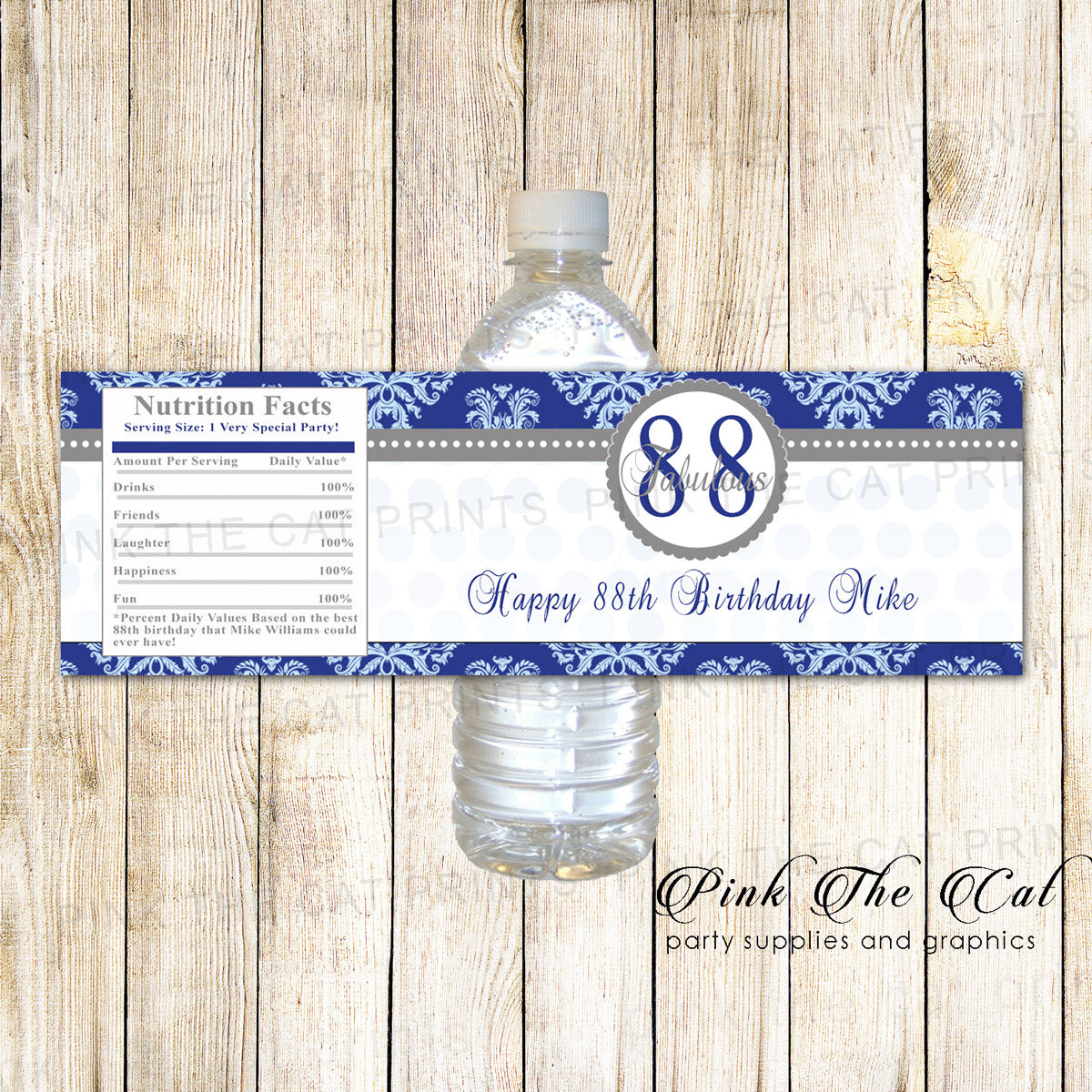 30 Bottle Labels Damask Blue Black Adult Birthday Party
