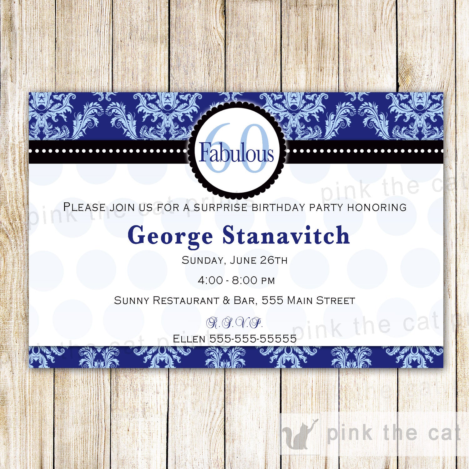 Adult 60th Birthday Party Blue Black Damask Any Age