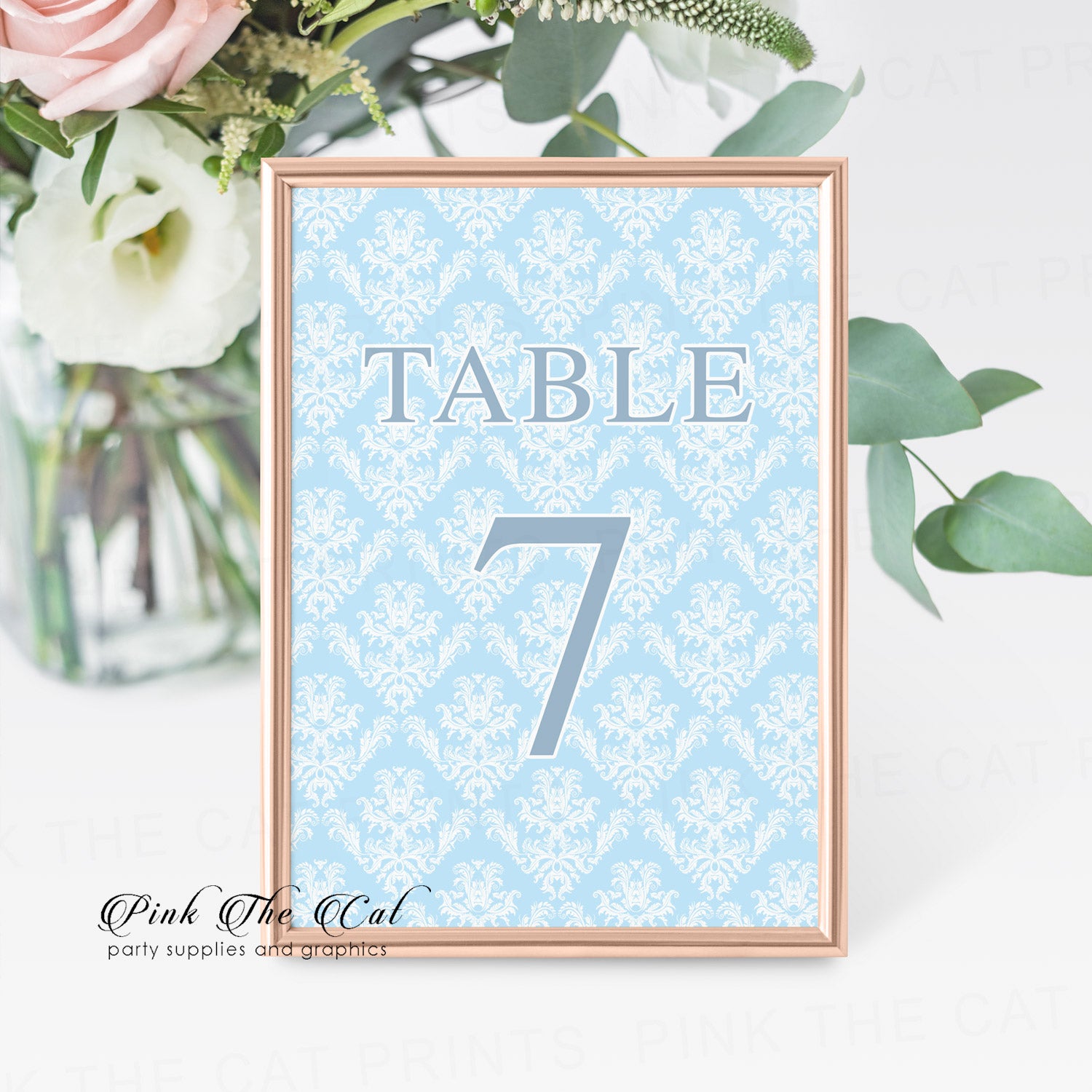 Table number cards baby blue white damask 1 to 7 included